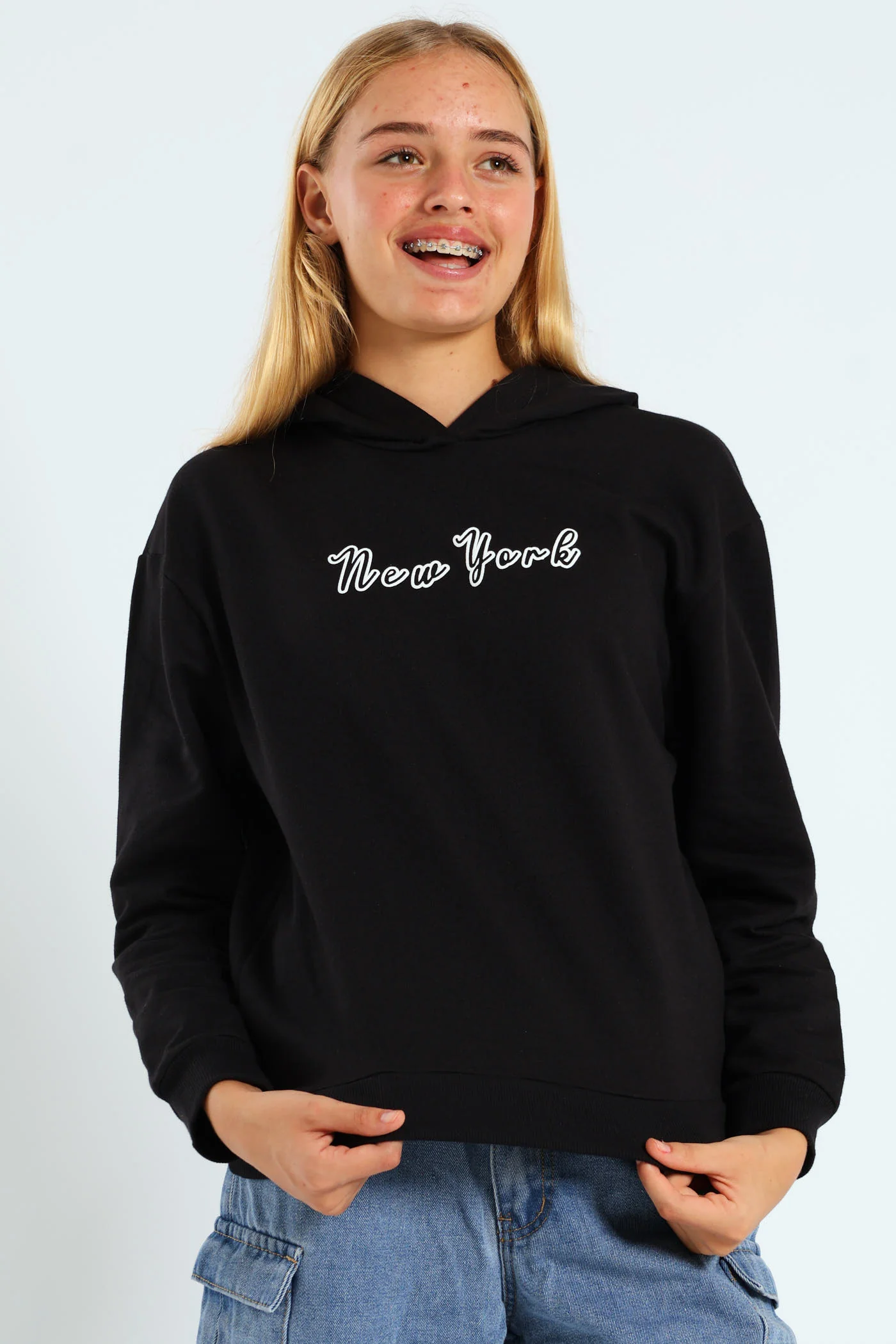Girls New York Oversized Hoodie - Black - Image 3
