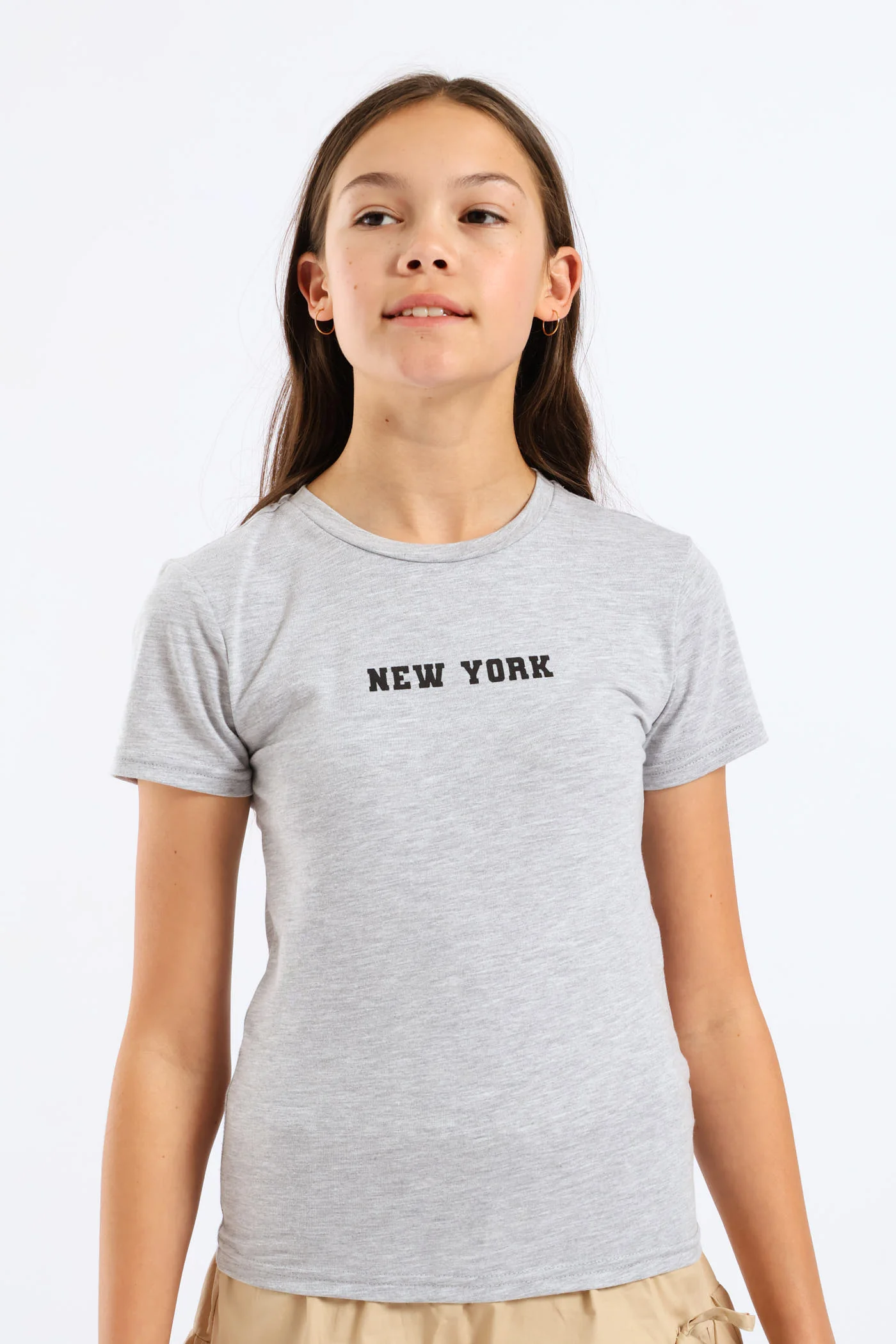 Girls NY Cotton Lycra Tee - Grey Melange - Image 2