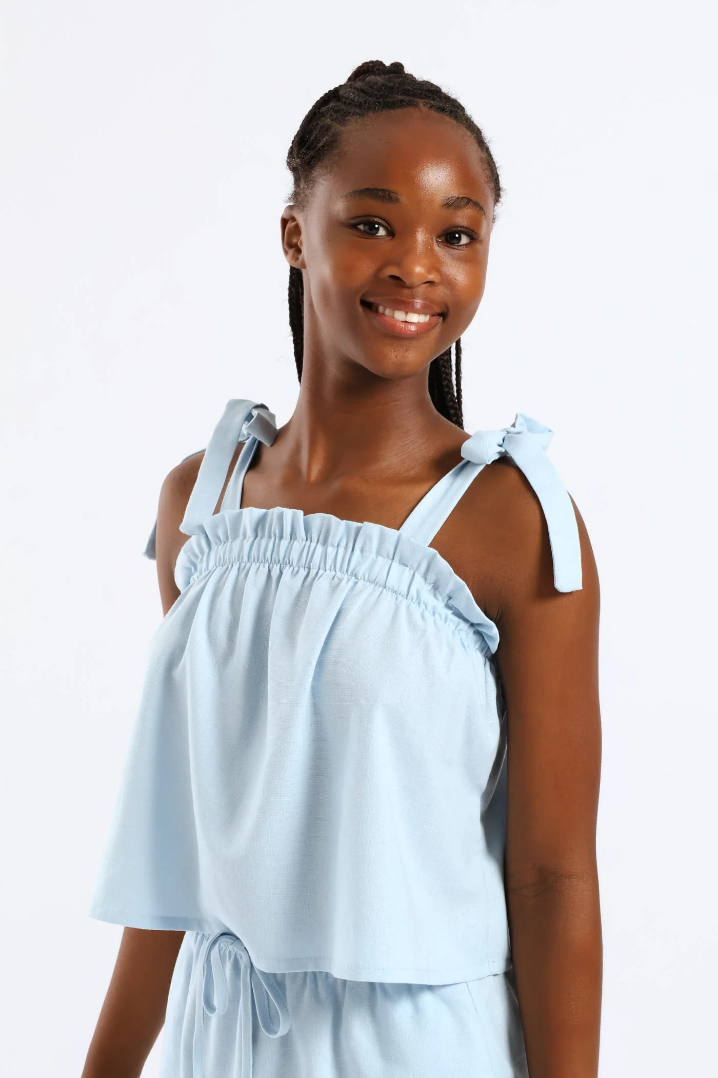 Girls Paperbag Detail Tie Strap Flare Top - Light Blue - Image 3