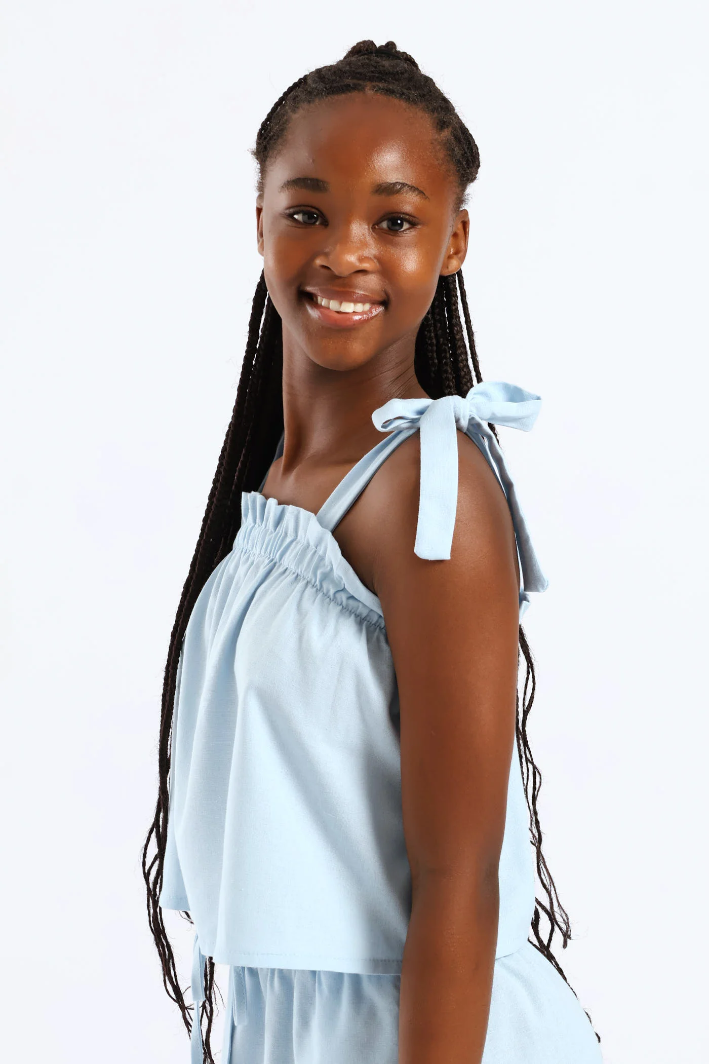 Girls Paperbag Detail Tie Strap Flare Top - Light Blue - Image 4