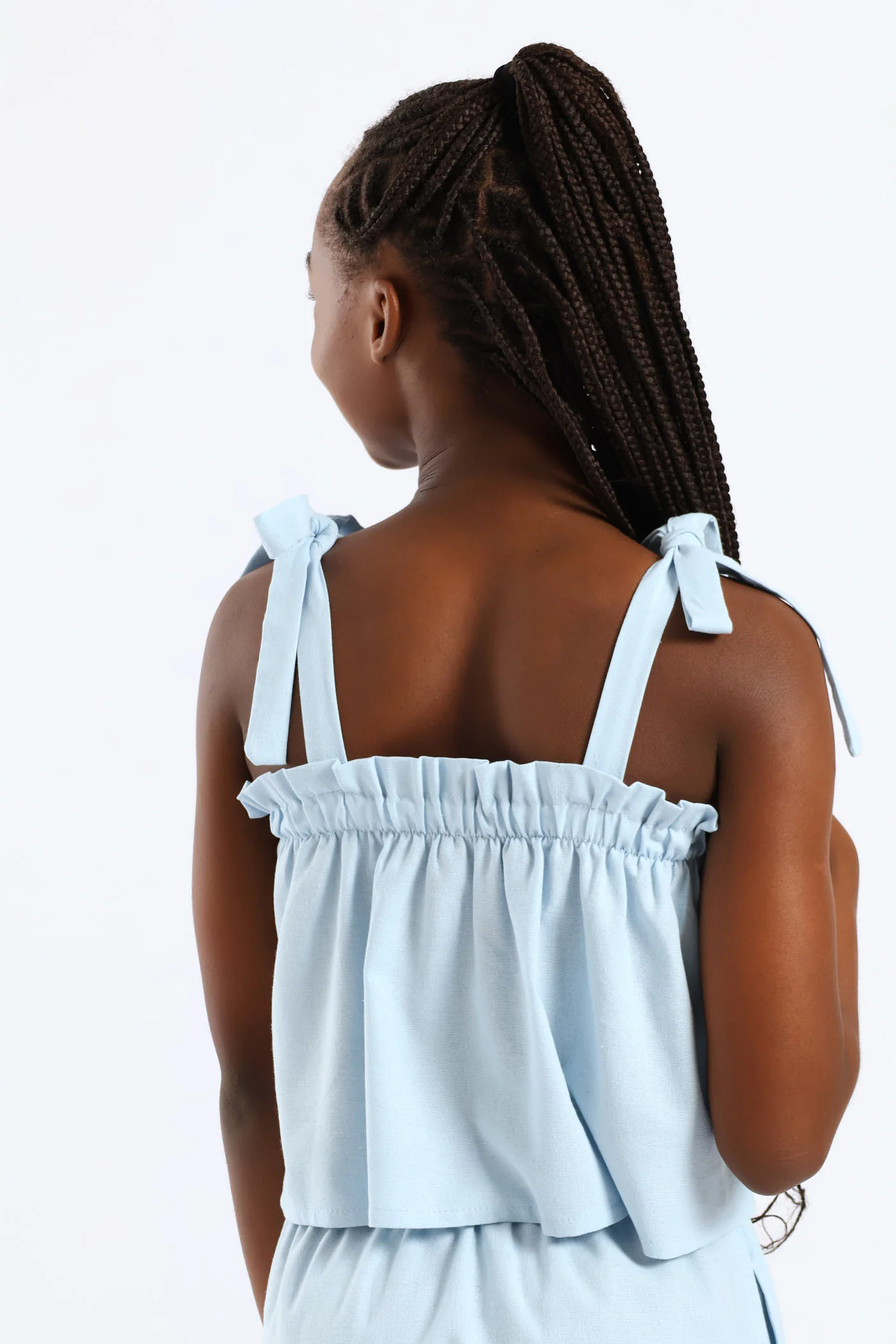 Girls Paperbag Detail Tie Strap Flare Top - Light Blue - Image 5