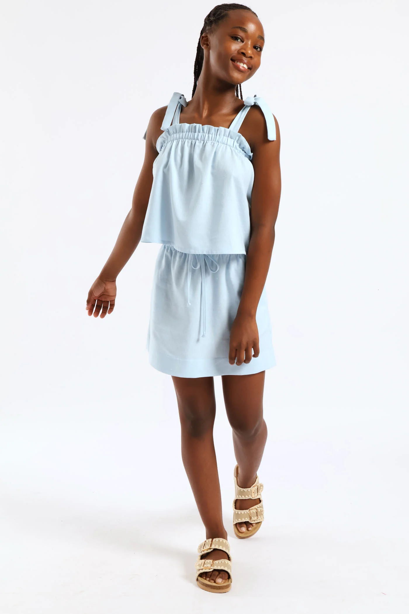 Girls Paperbag Detail Tie Strap Flare Top - Light Blue - Image 6