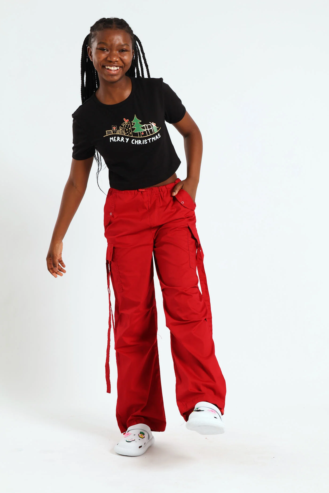 Girls Parachute Pants With Straps - Red - Image 5