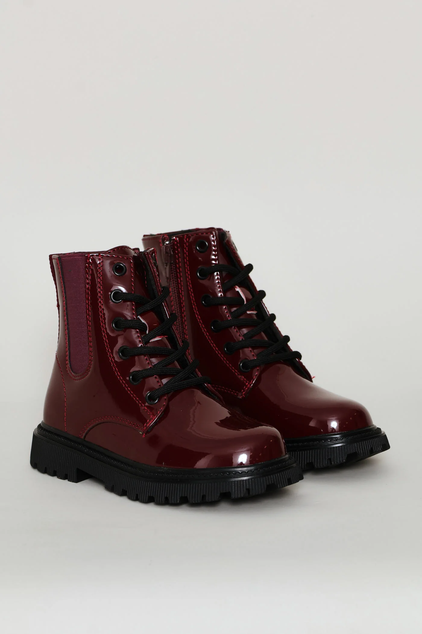 Girls Patent Military Boot - Burgundy - Image 2