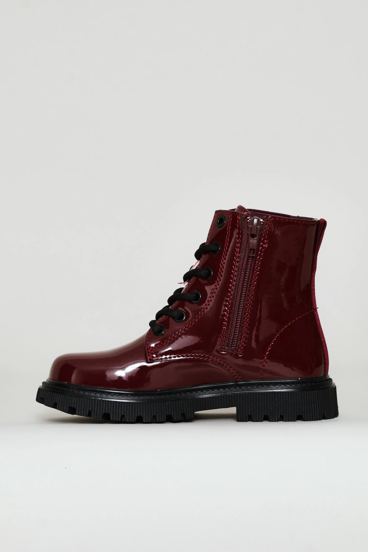 Girls Patent Military Boot - Burgundy - Image 3
