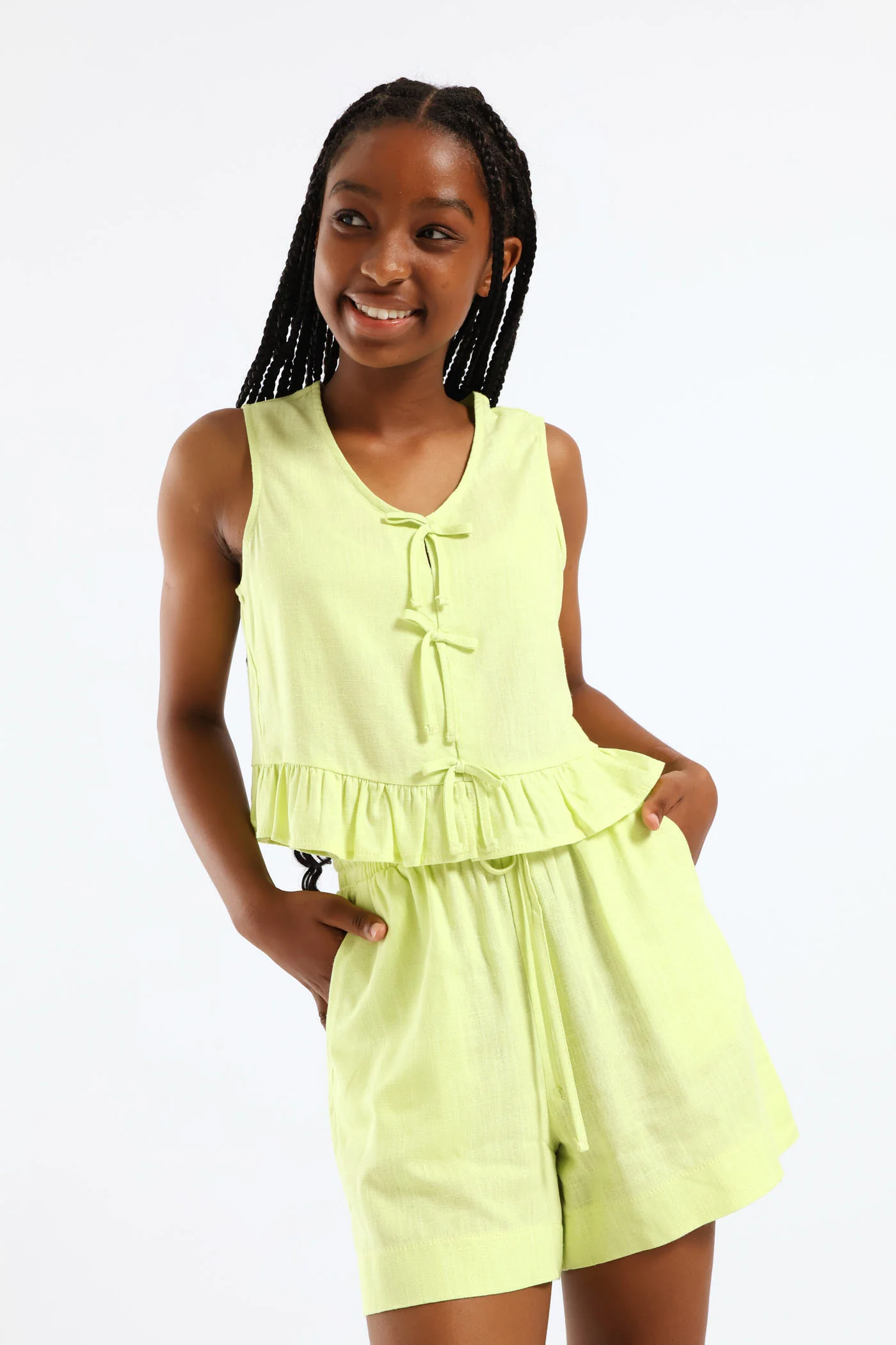 Girls Peplum Bow Detail Woven Top - Lime - Image 2