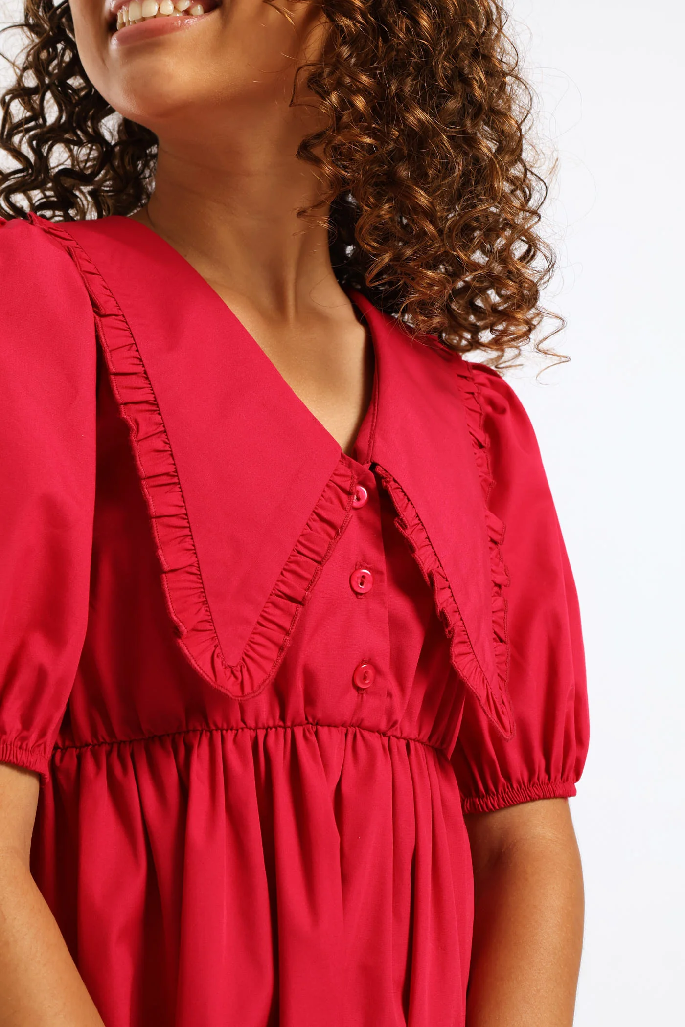 Girls Peterpan Puff Sleeve Dress - Cerise - Image 2