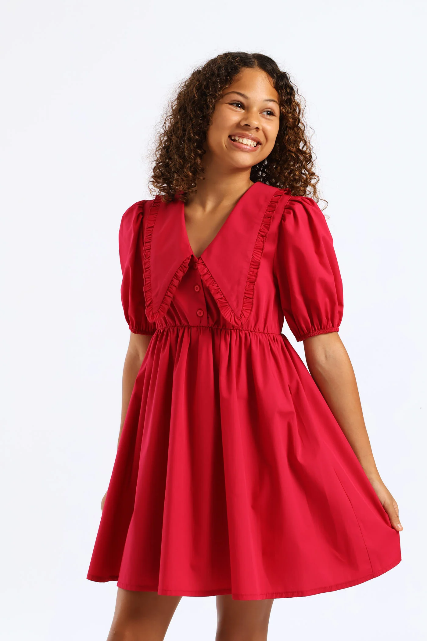 Girls Peterpan Puff Sleeve Dress - Cerise - Image 3