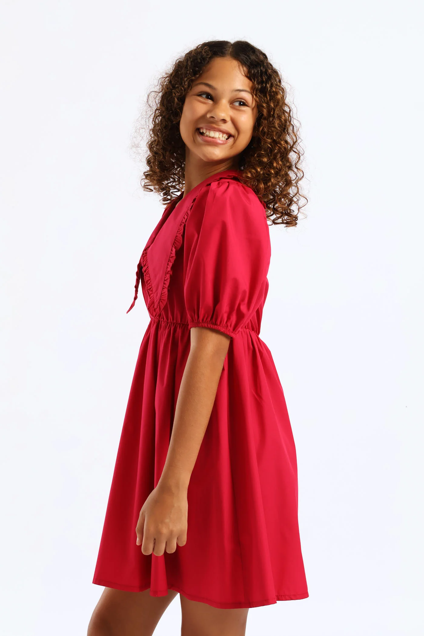 Girls Peterpan Puff Sleeve Dress - Cerise - Image 4