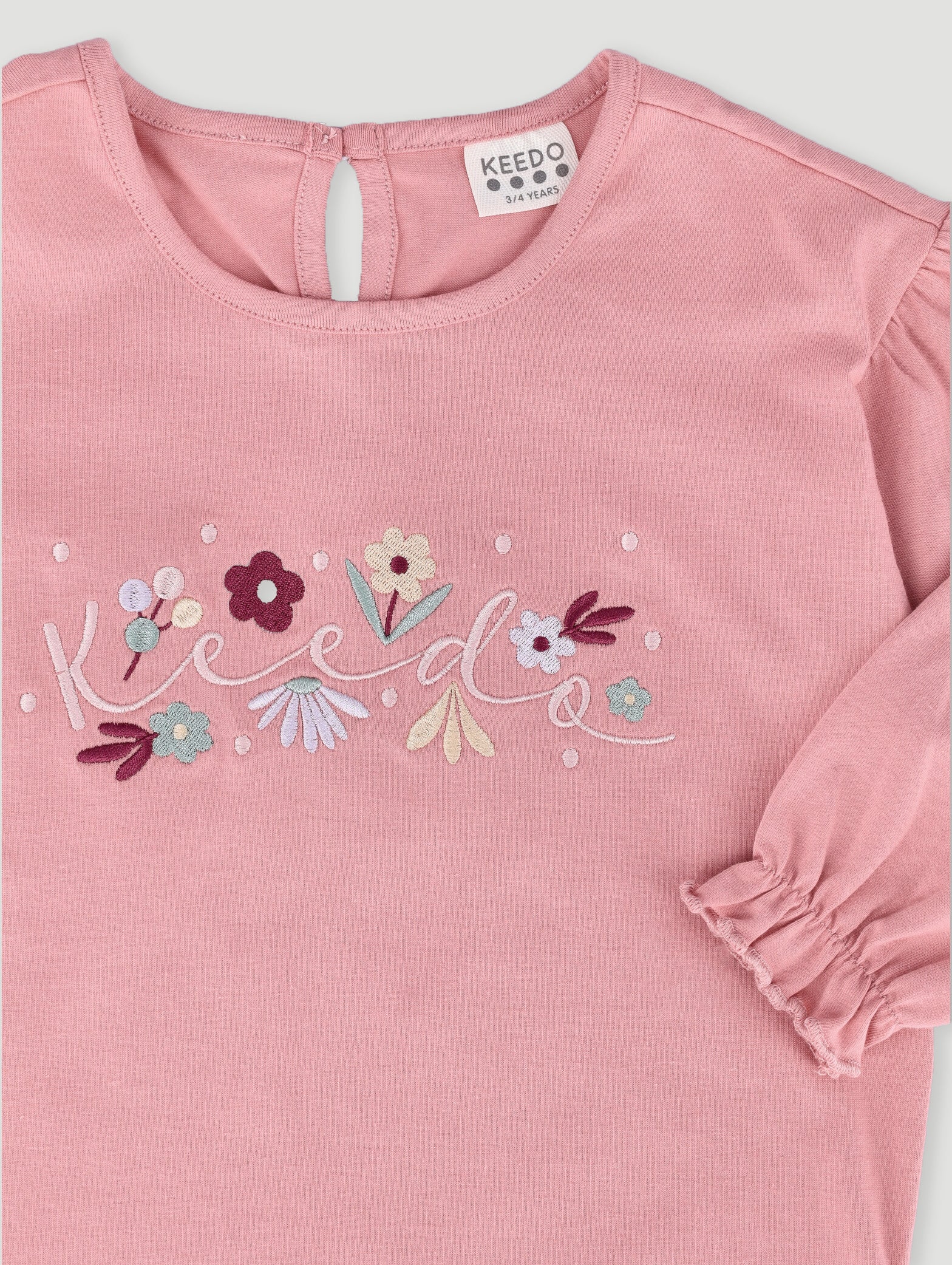 Keedo Girls Pink Floral Long Sleeve Cotton Lycra Tee - Image 3