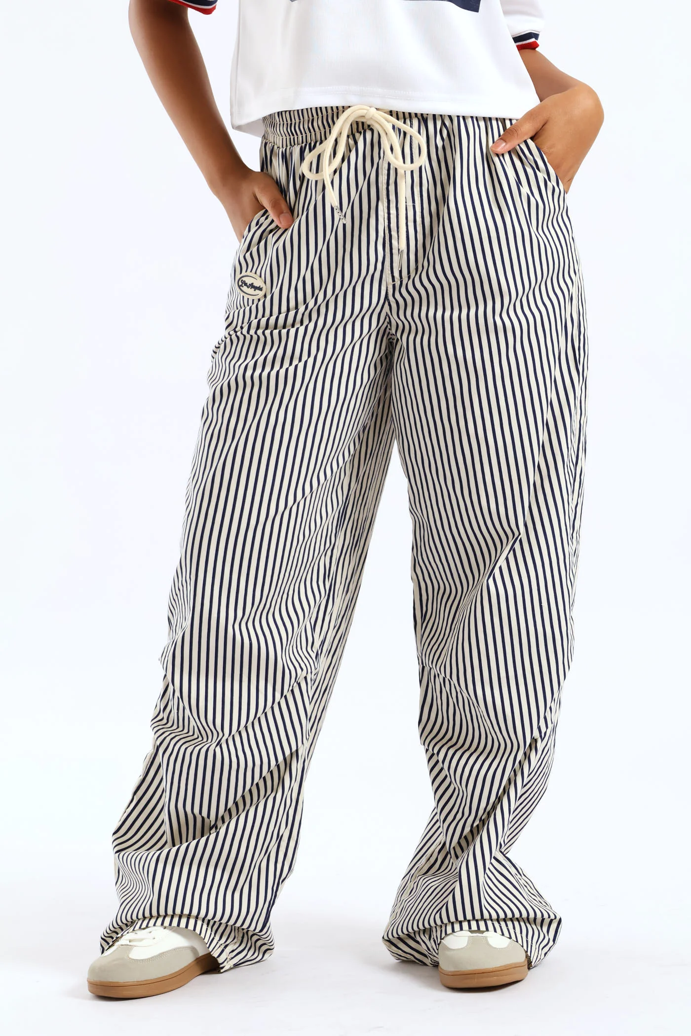 Girls Pinstripe Badge Baggy Pant - Cream - Image 3