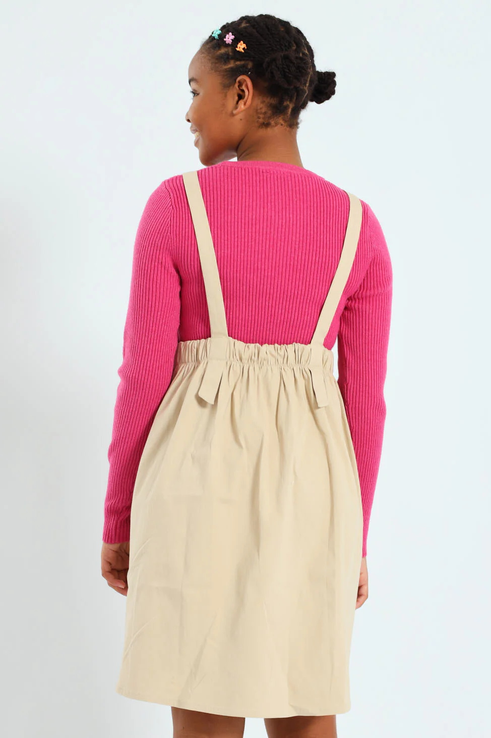 Girls Pleated Pinafore Dress - Stone - Image 2