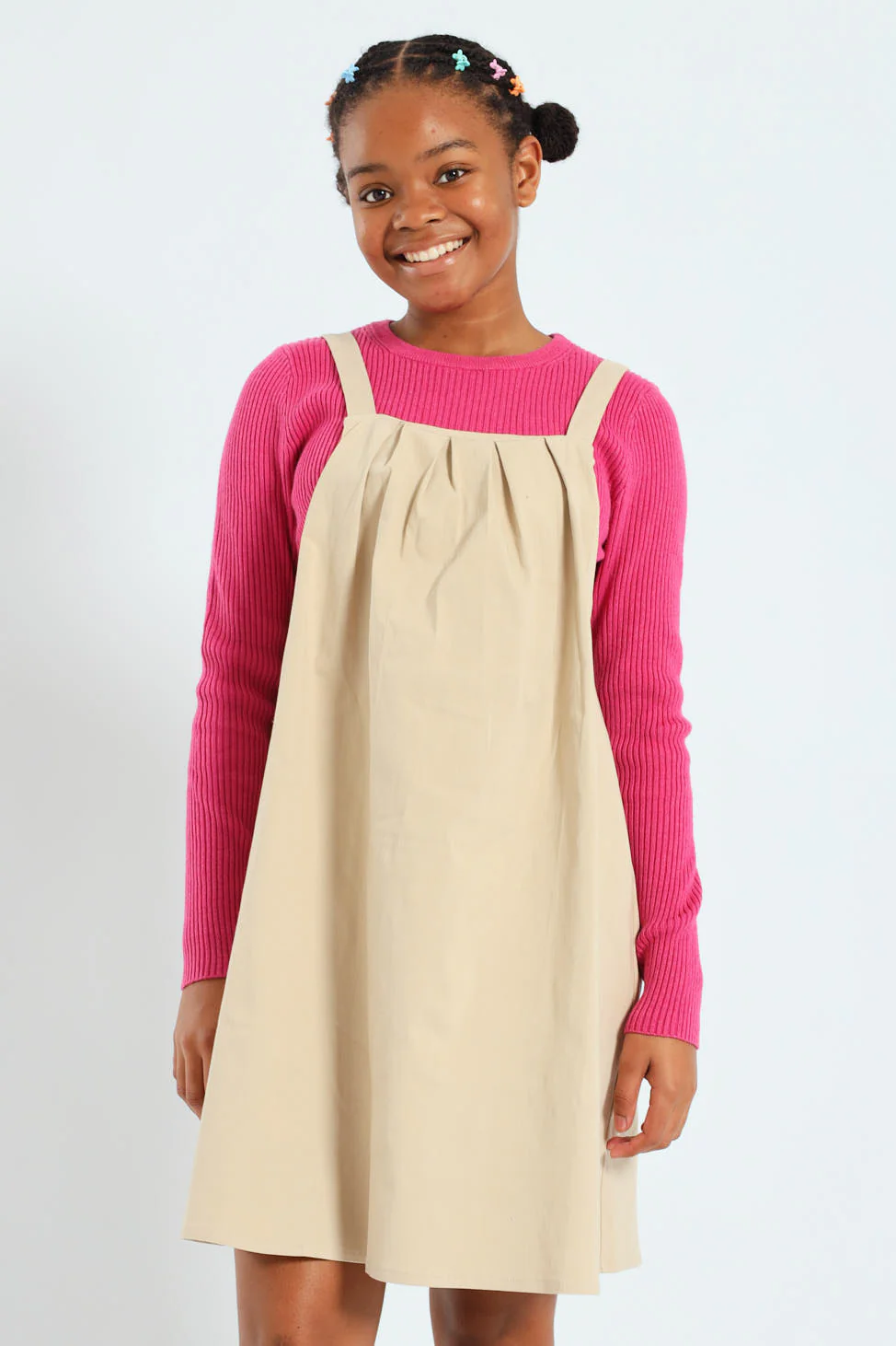 Girls Pleated Pinafore Dress - Stone - Image 5
