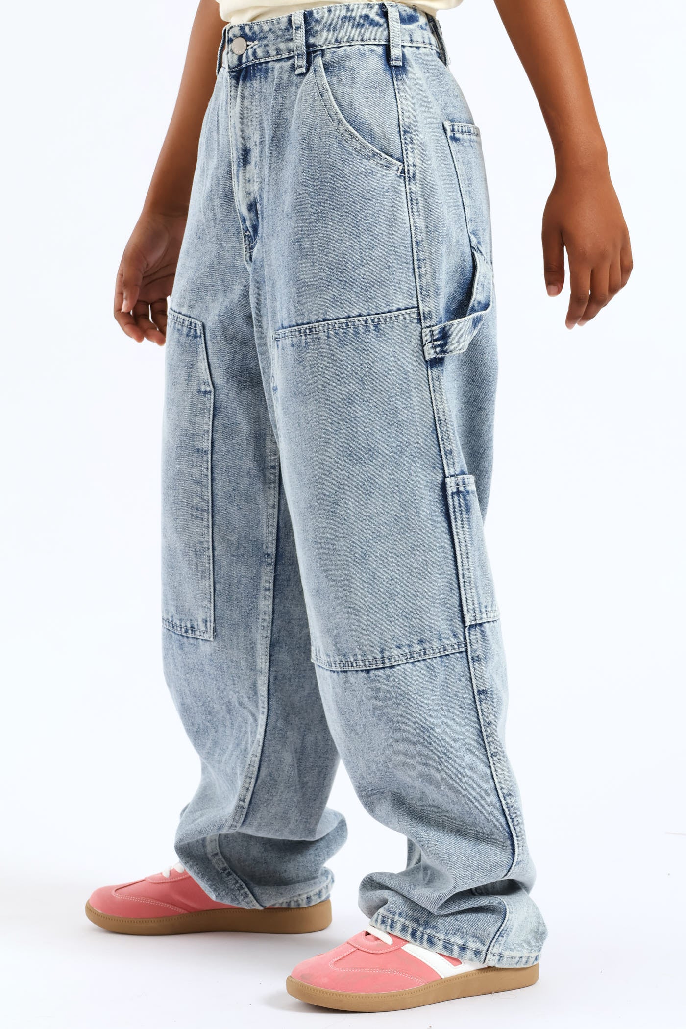 Girls Pocket Detail Carpenter Denim - Acid Wash - Image 3