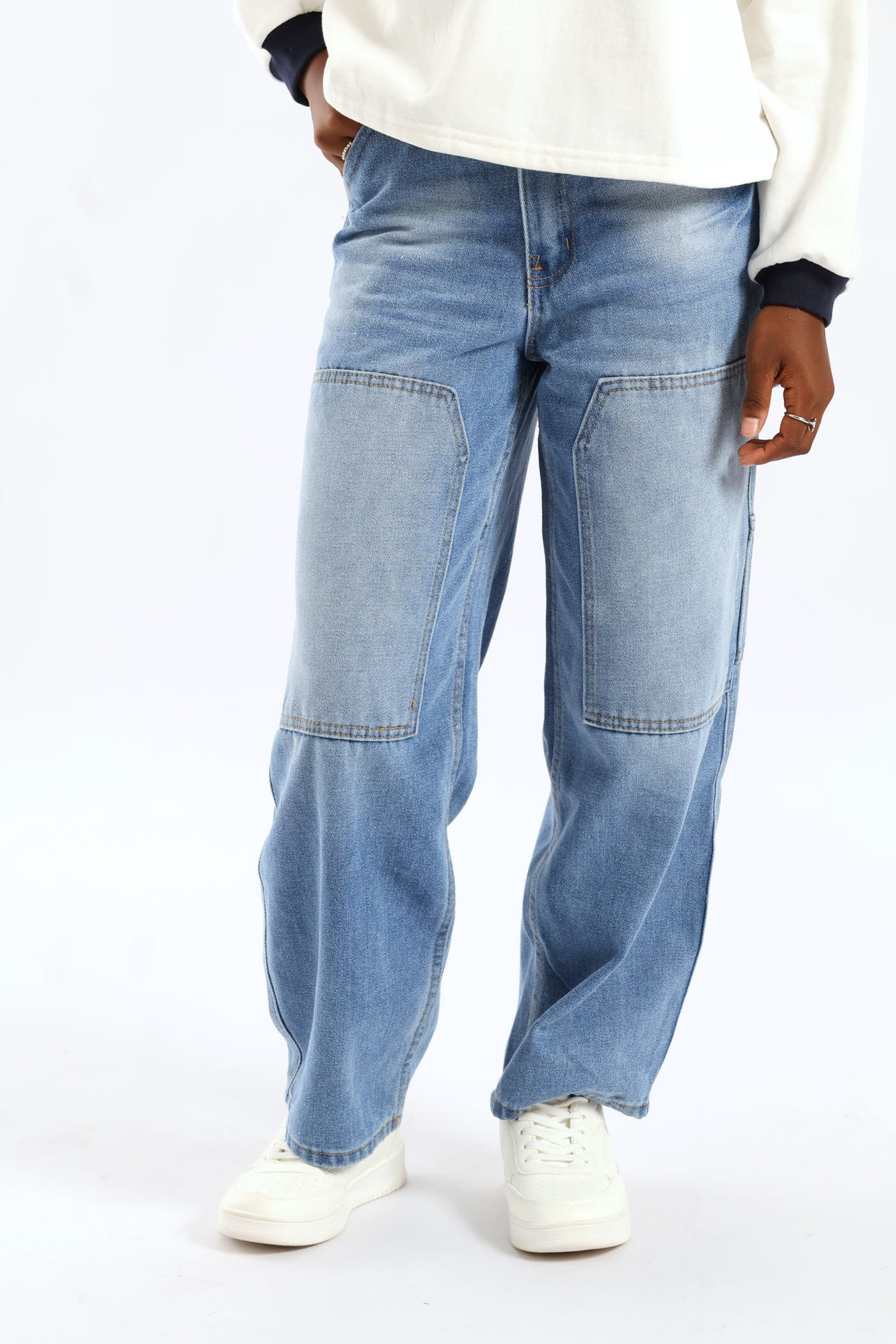 Girls Pocket Detail Carpenter Denim - Mid Blue - Image 2