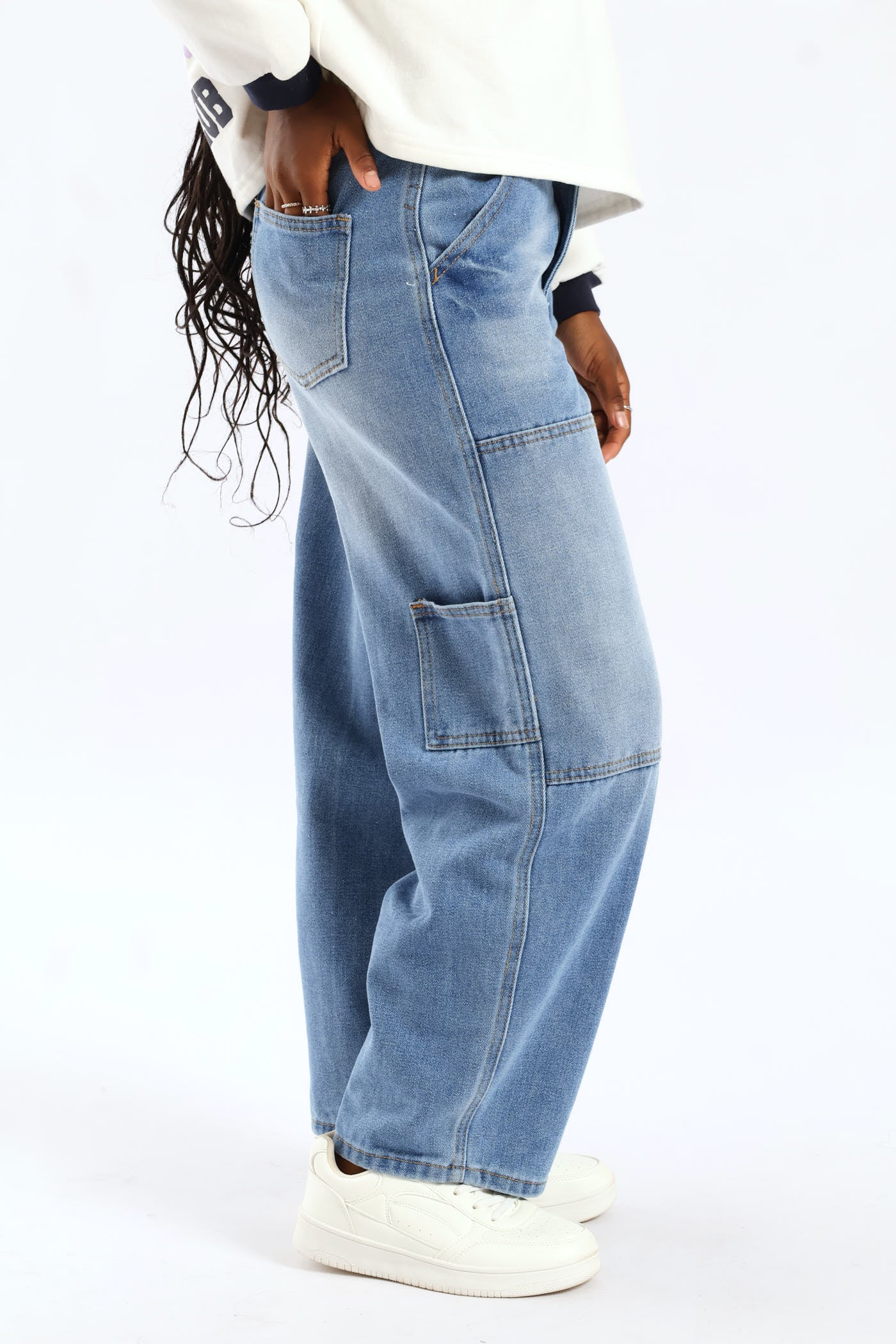 Girls Pocket Detail Carpenter Denim - Mid Blue - Image 3