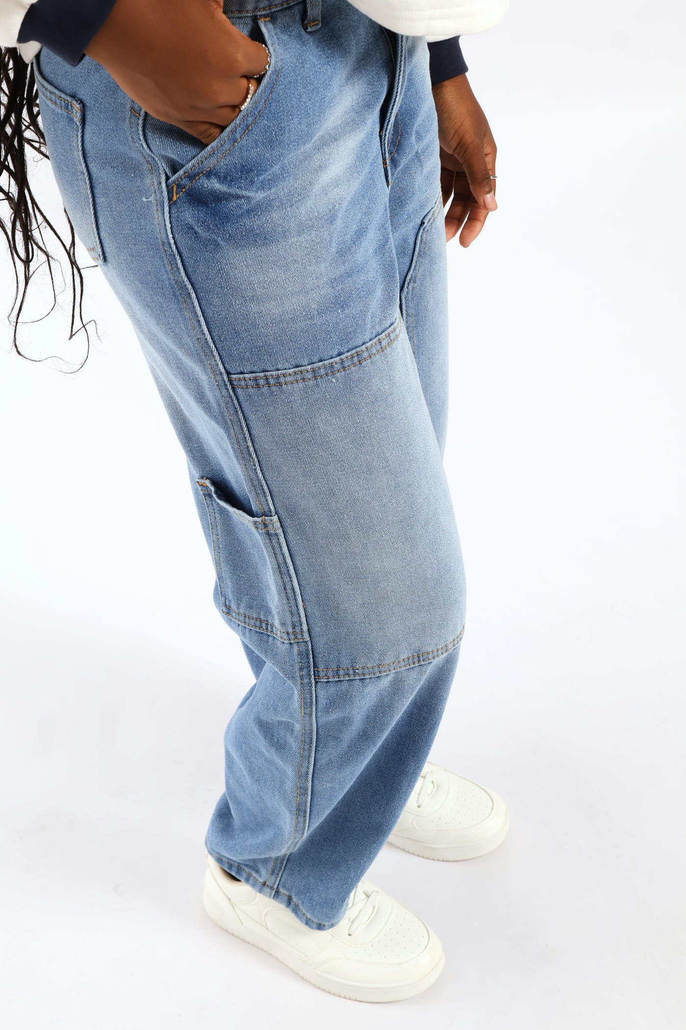 Girls Pocket Detail Carpenter Denim - Mid Blue - Image 5