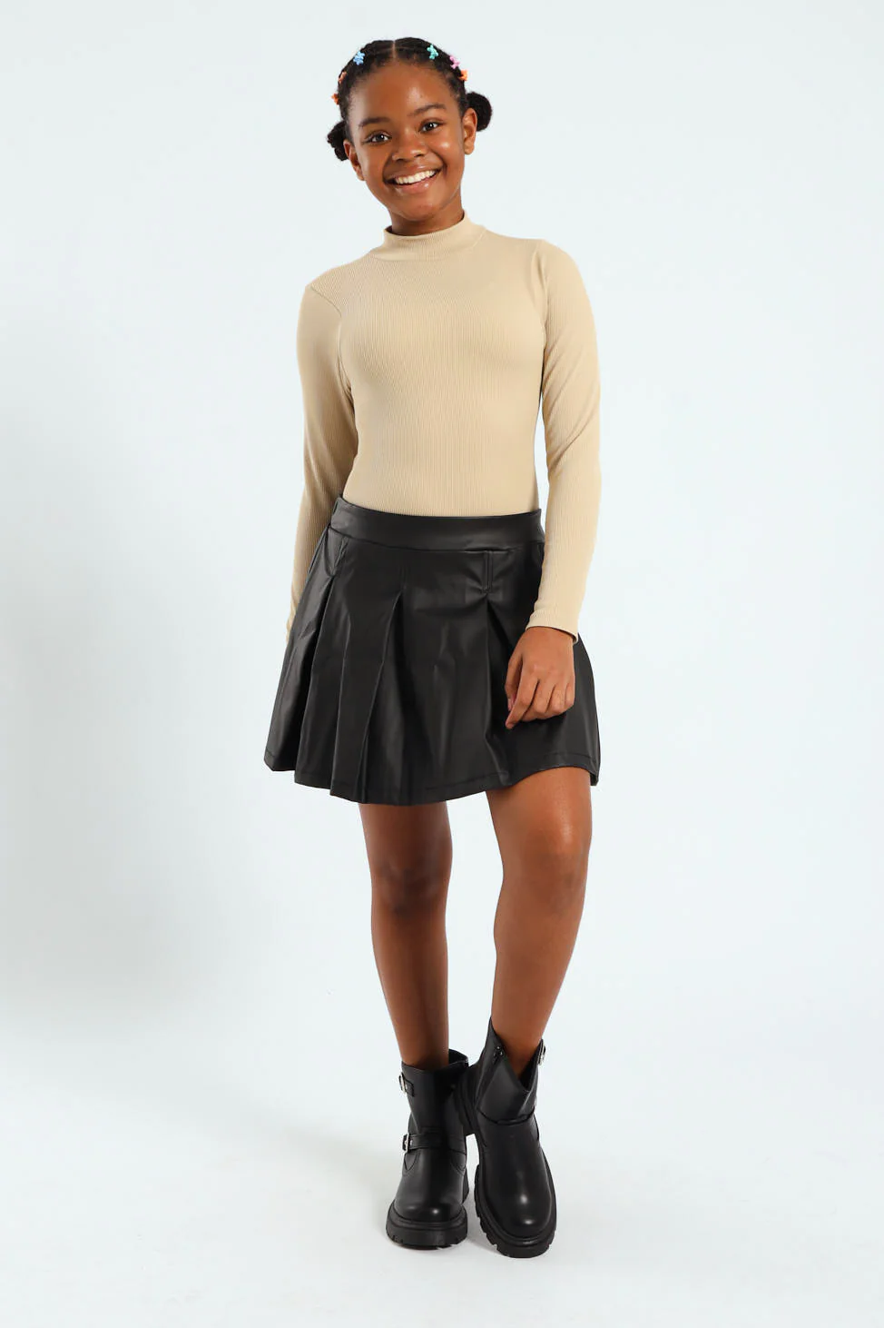 Girls Pu Pleated Skirt - Black - Image 2