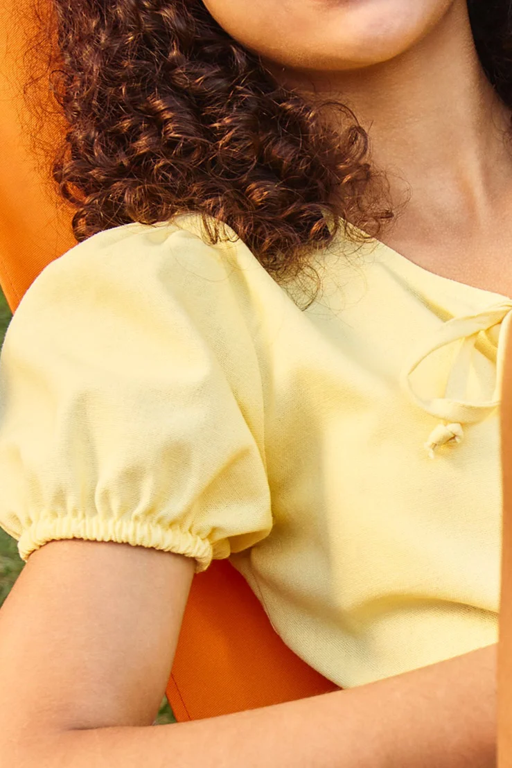 Girls Puff Sleeve Front Bow Detail Peplum Top - Pastel Yellow - Image 2
