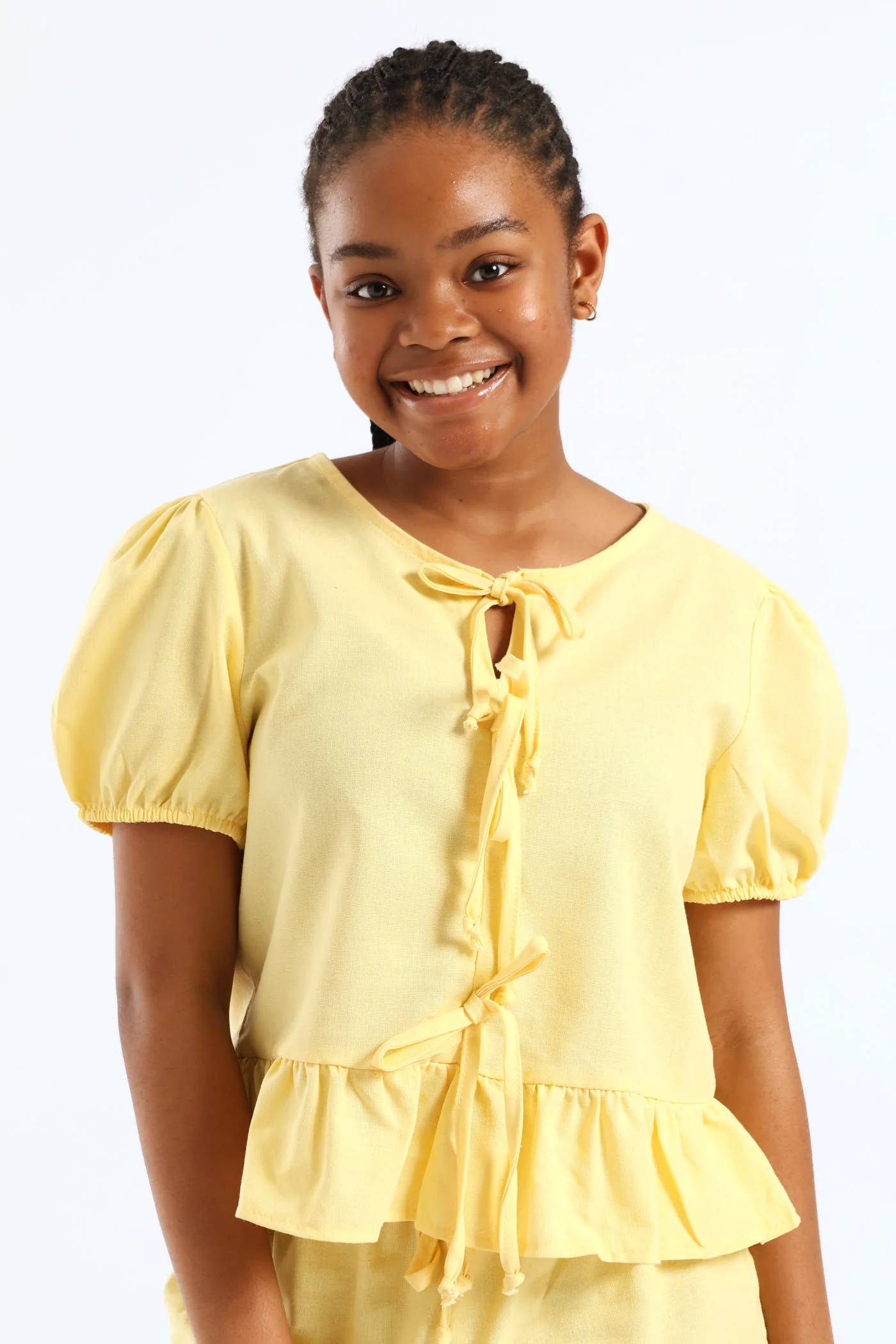 Girls Puff Sleeve Front Bow Detail Peplum Top - Pastel Yellow - Image 3