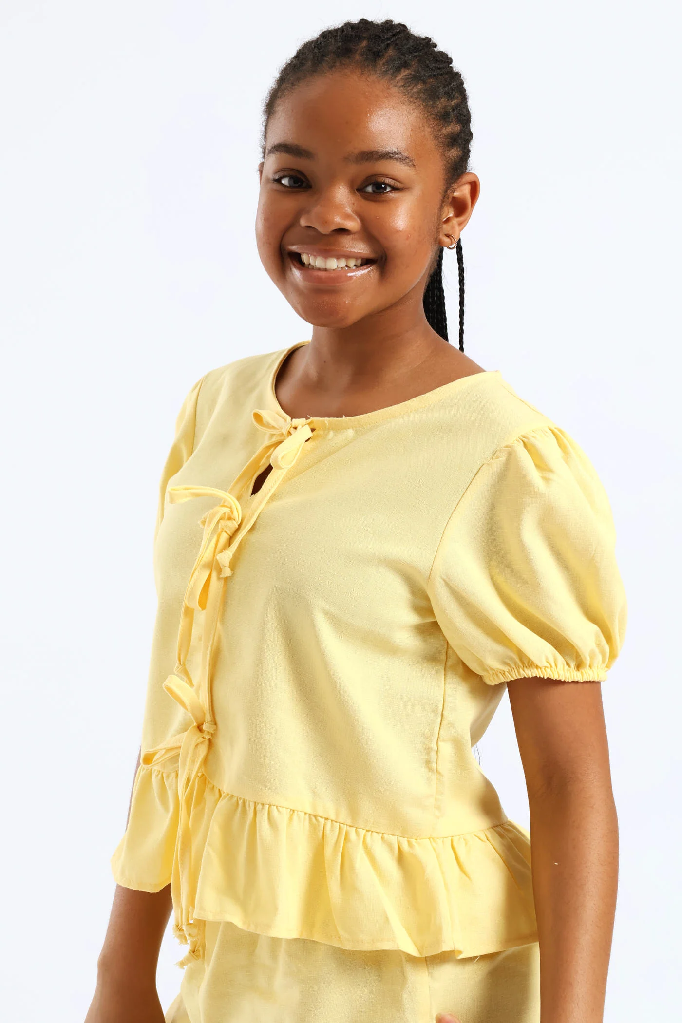 Girls Puff Sleeve Front Bow Detail Peplum Top - Pastel Yellow - Image 4