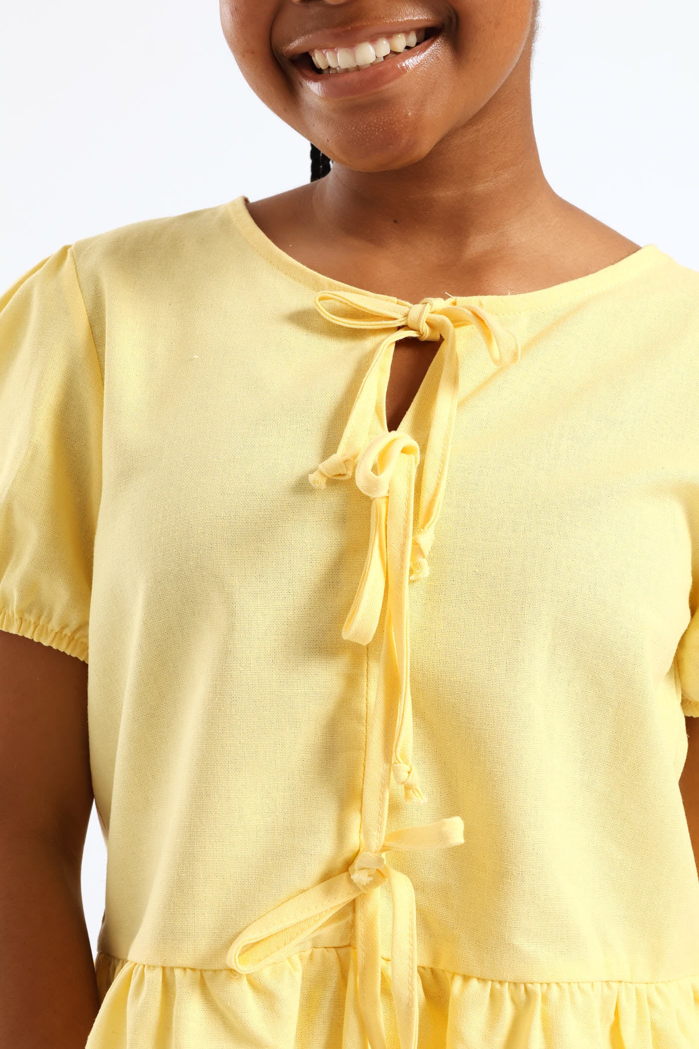 Girls Puff Sleeve Front Bow Detail Peplum Top - Pastel Yellow - Image 6