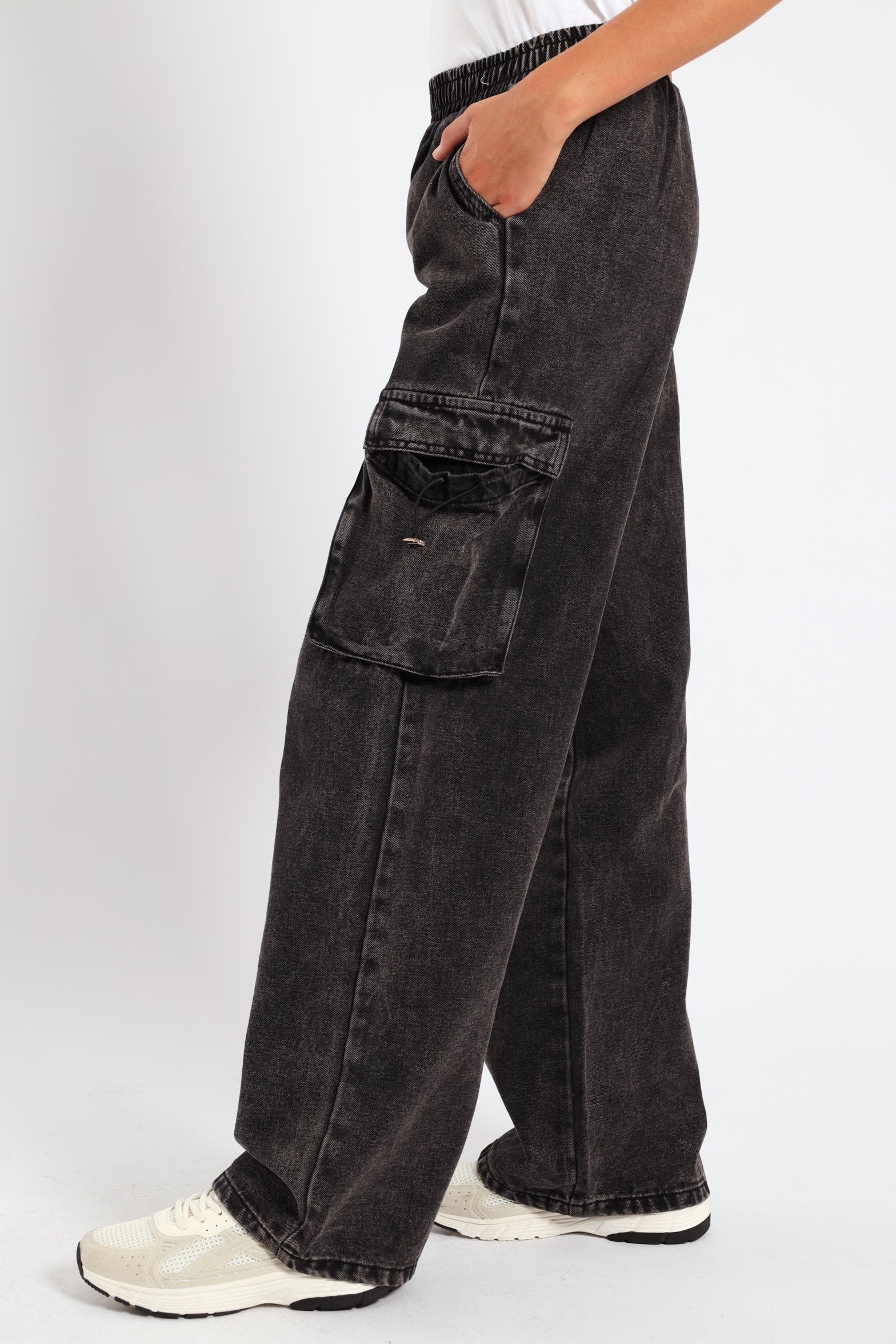 Girls Pull On Cargo Denim - Charcoal - Image 3