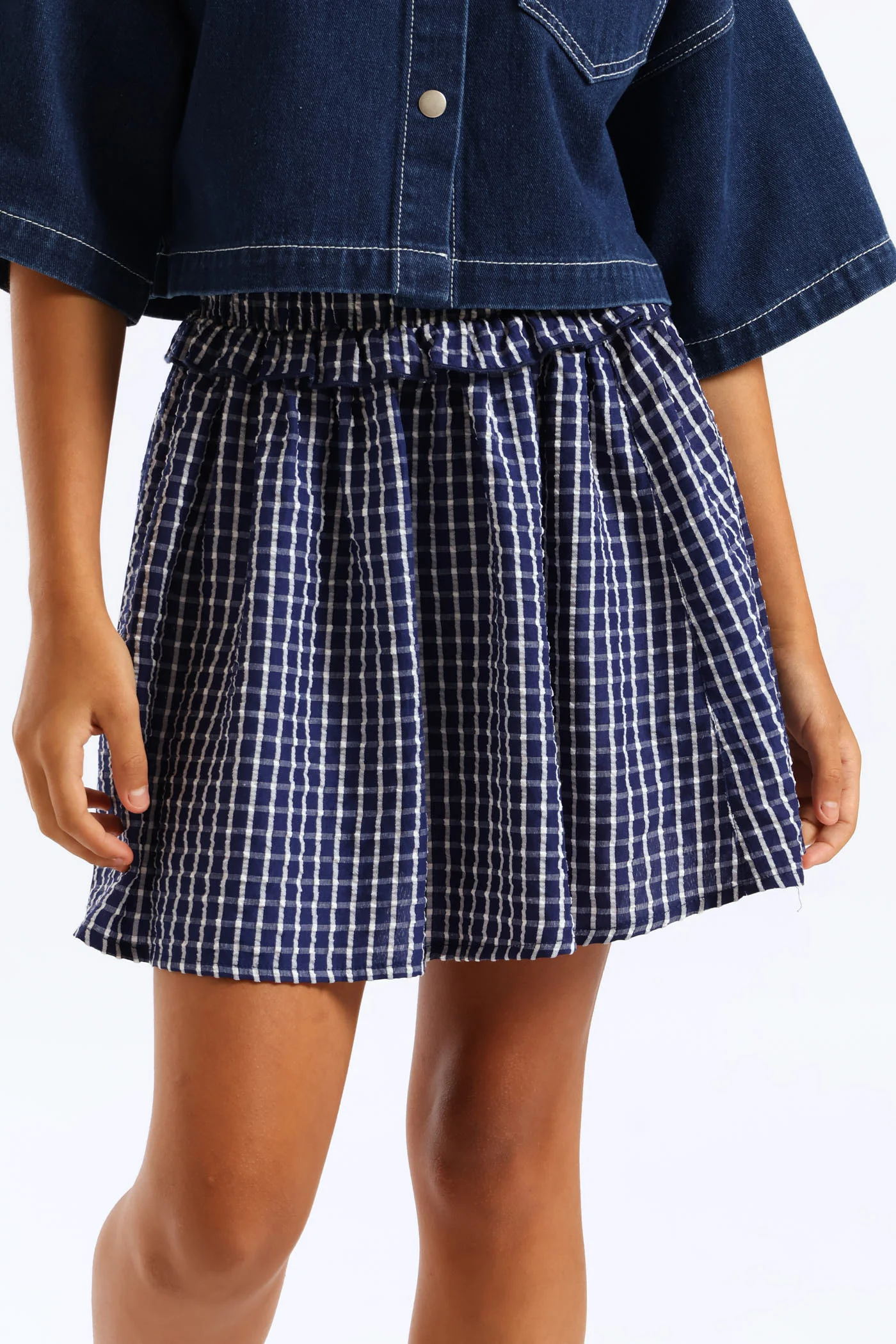 Girls Pull On Frill Waist Detail Flare Skirt - Navy - Image 2