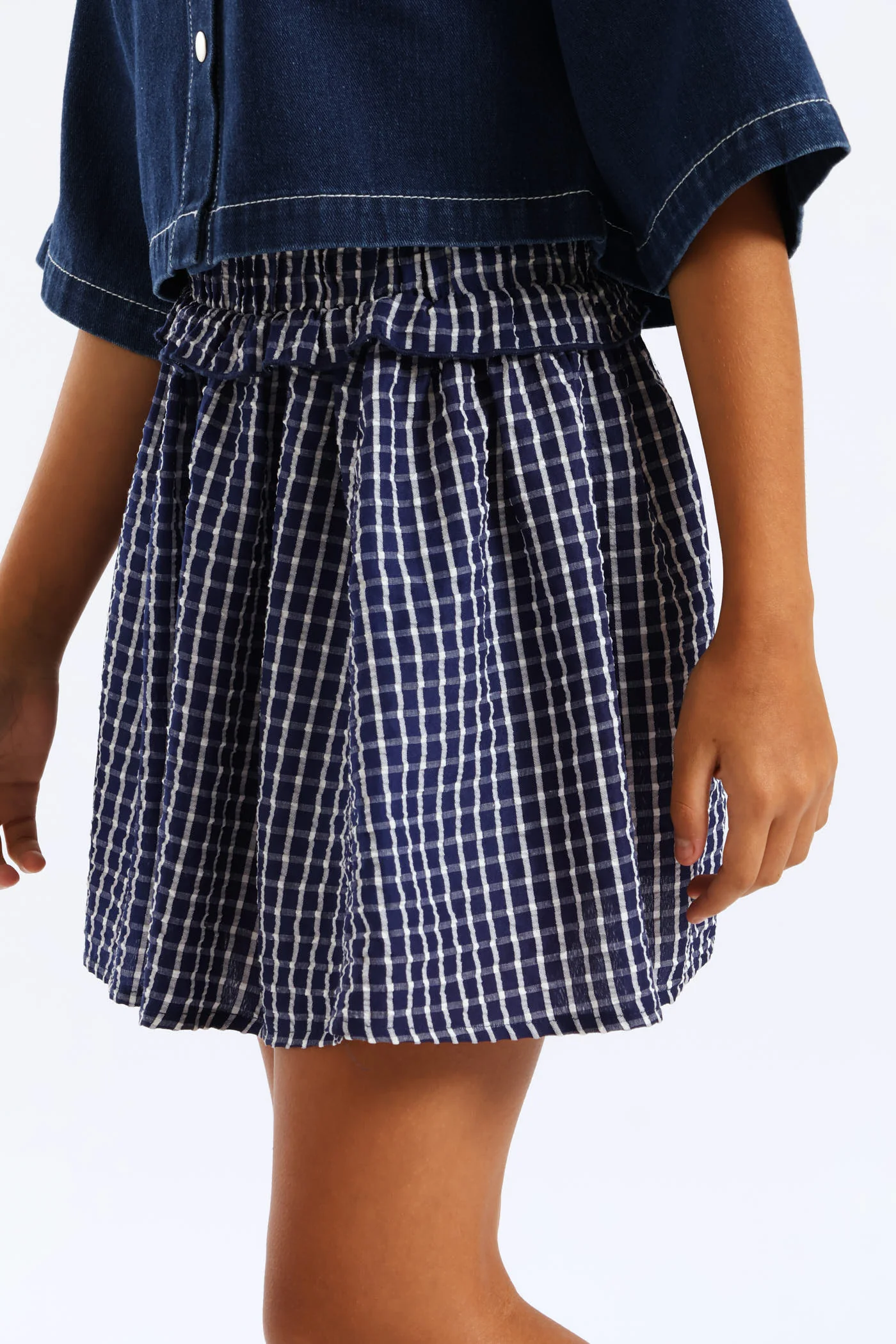 Girls Pull On Frill Waist Detail Flare Skirt - Navy - Image 3