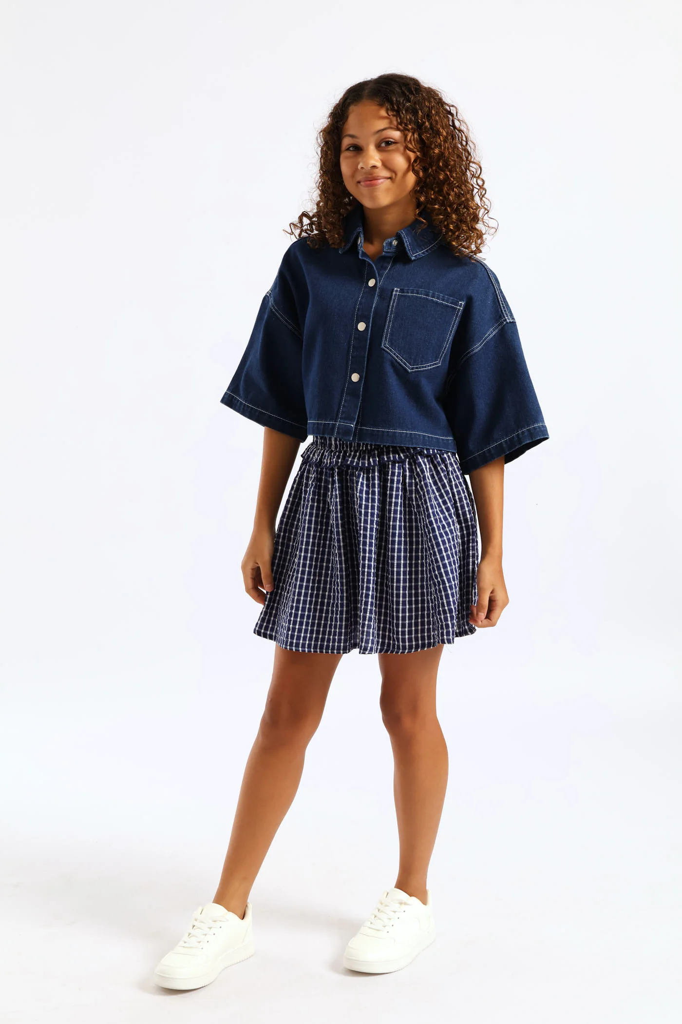 Girls Pull On Frill Waist Detail Flare Skirt - Navy - Image 6