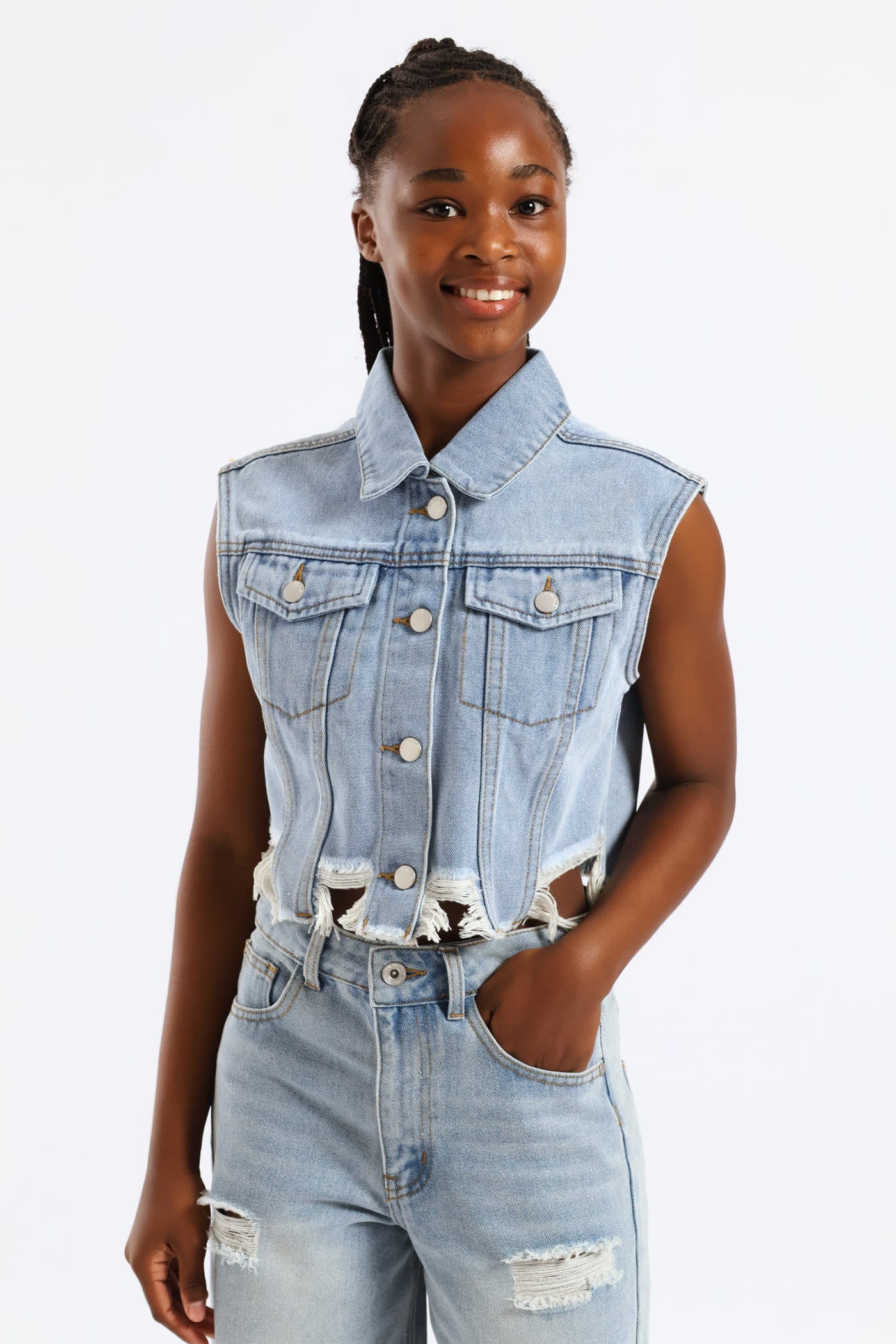Girls Raw Hem Denim Waistcoat - Mid Blue - Image 2