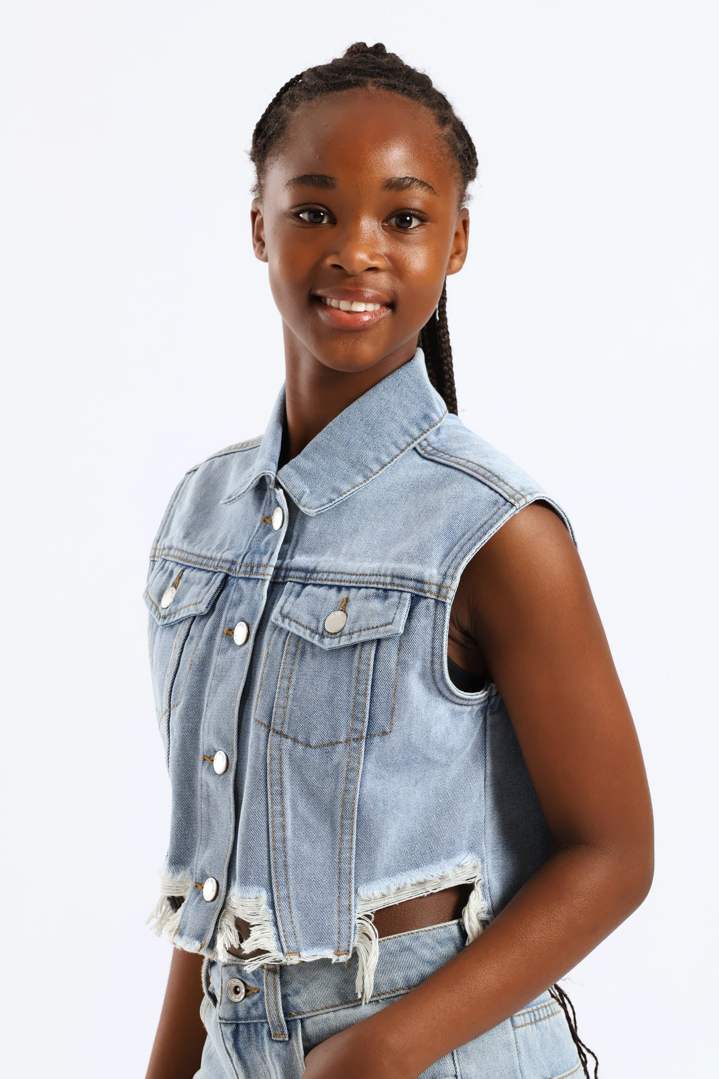 Girls Raw Hem Denim Waistcoat - Mid Blue - Image 3