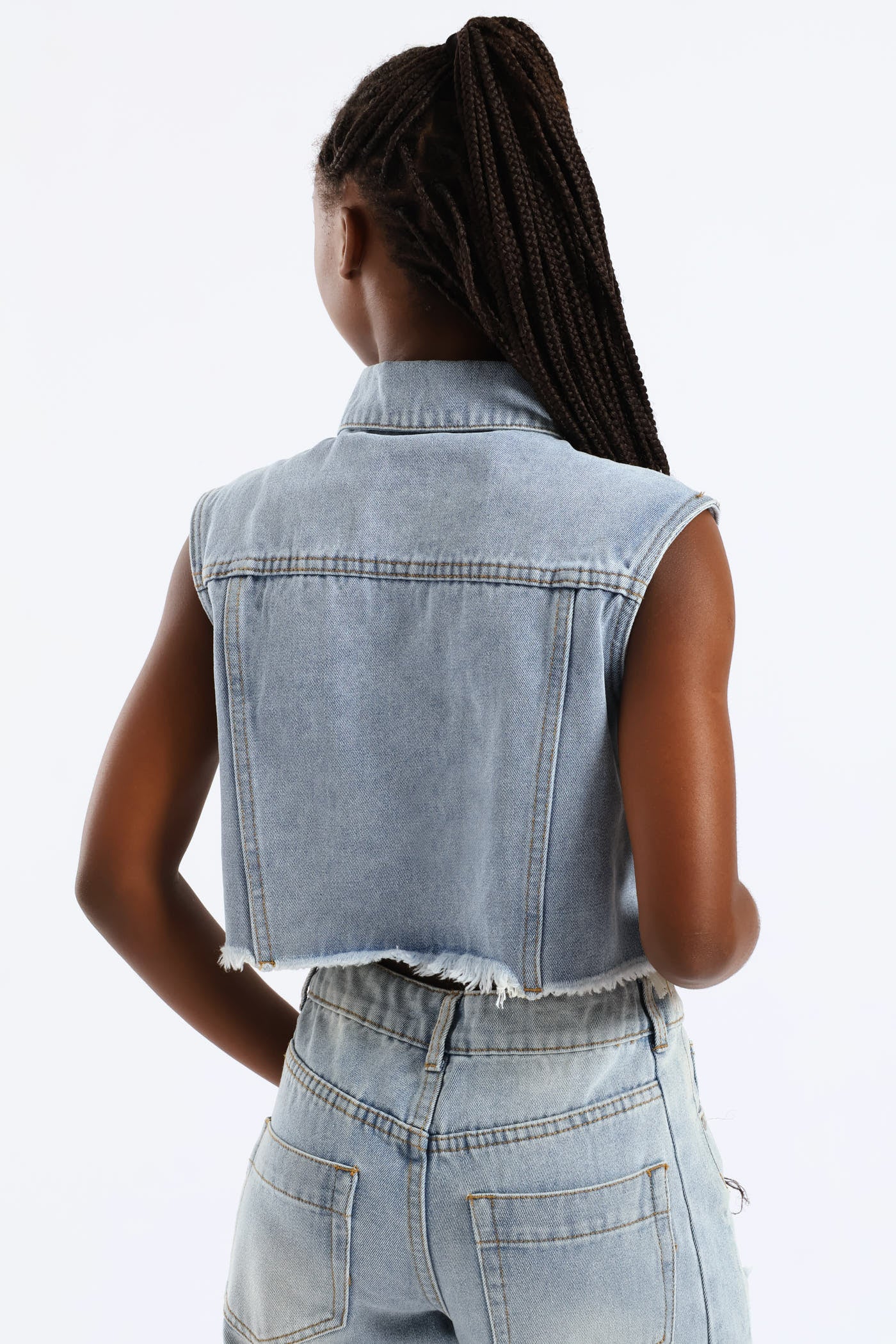 Girls Raw Hem Denim Waistcoat - Mid Blue - Image 4