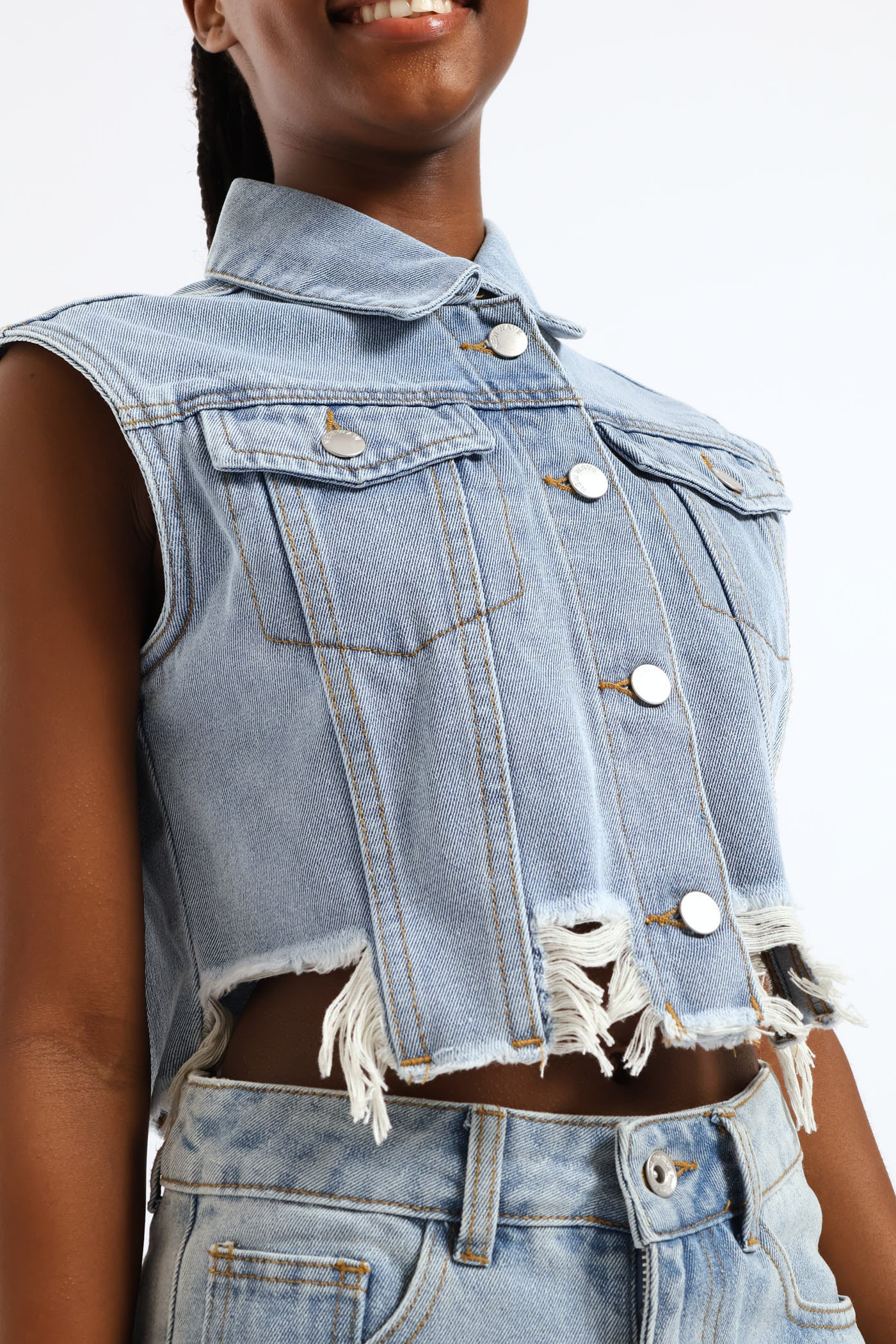 Girls Raw Hem Denim Waistcoat - Mid Blue - Image 5