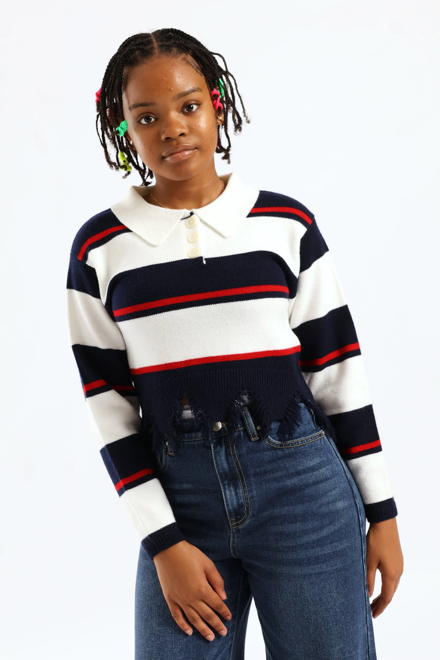 Girls Raw Hem Stripe Pullover - Cream/Navy - Image 2