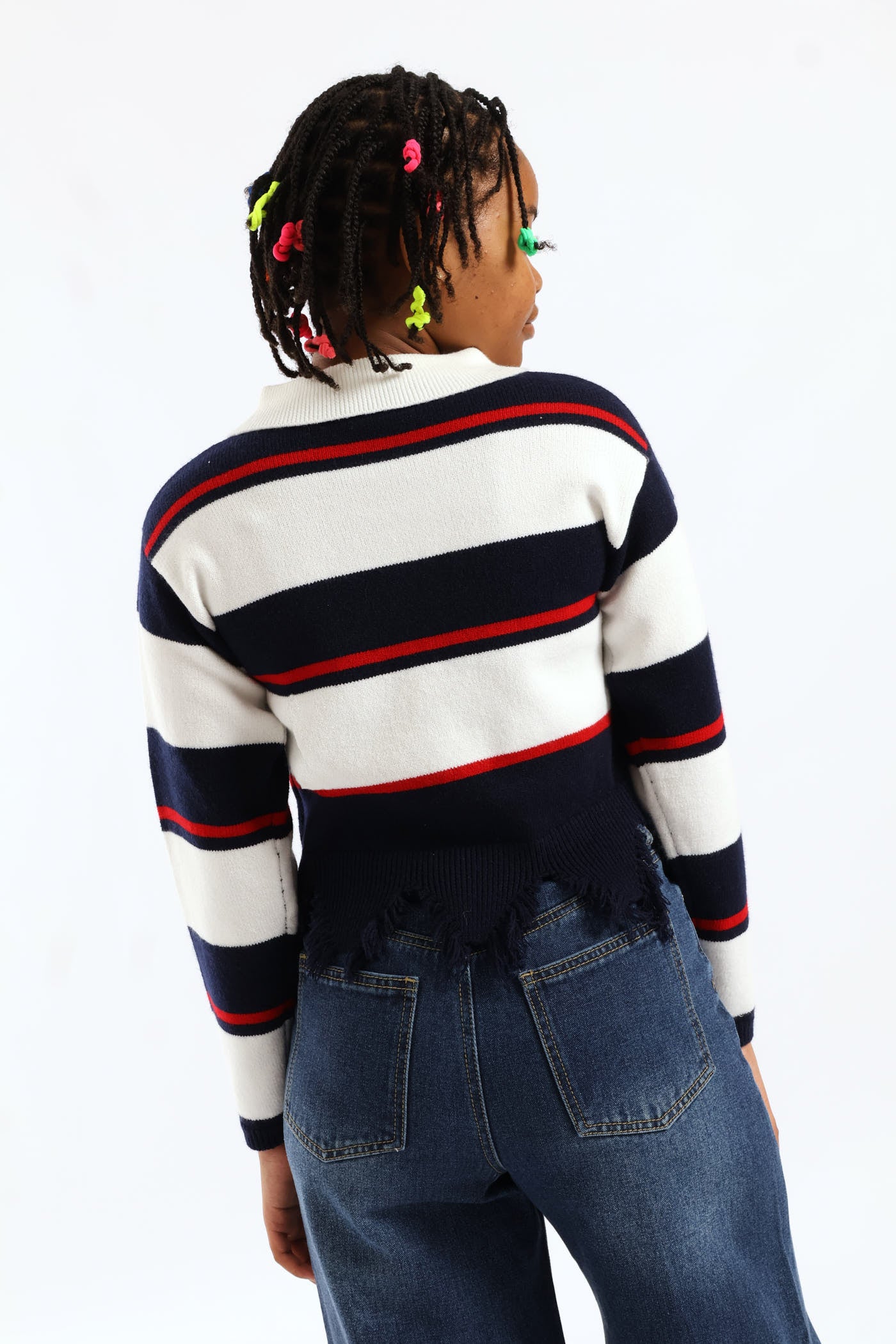 Girls Raw Hem Stripe Pullover - Cream/Navy - Image 3