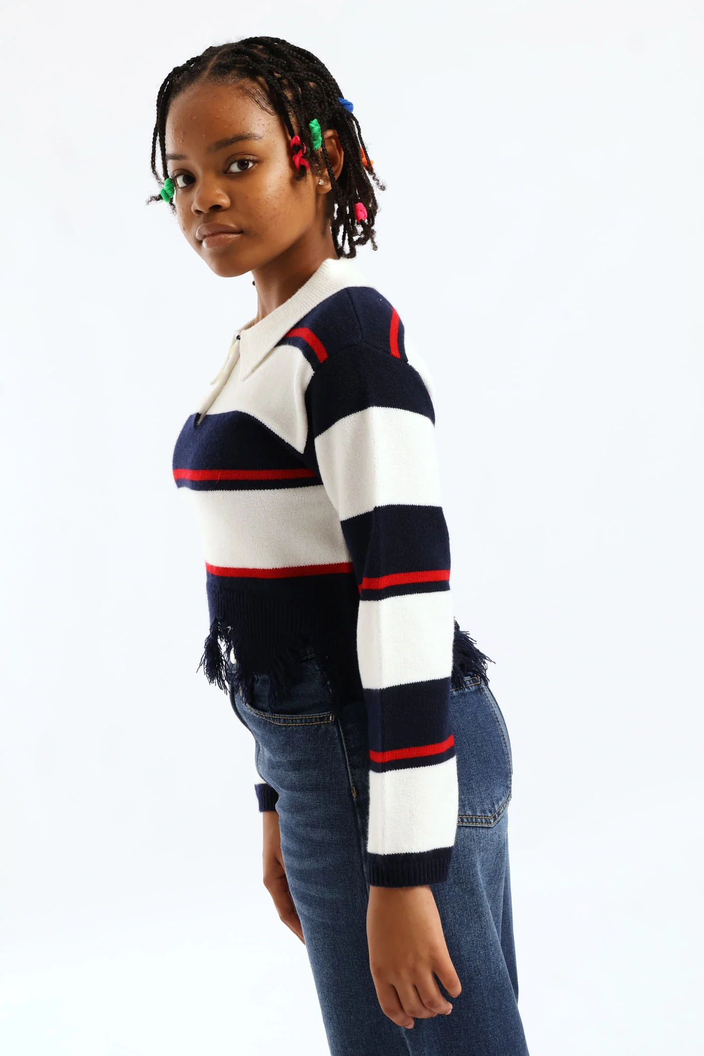 Girls Raw Hem Stripe Pullover - Cream/Navy - Image 5