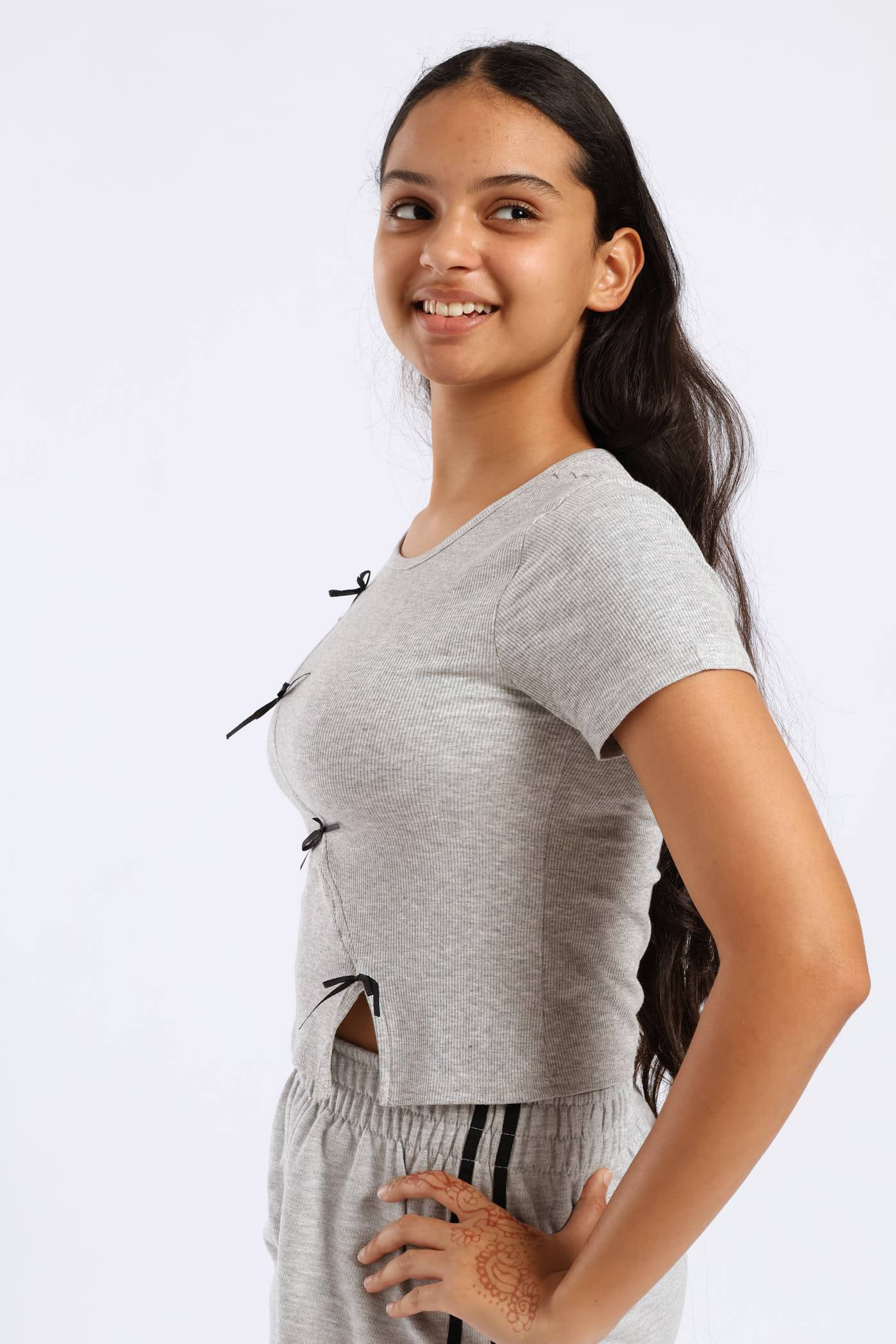 Girls Ribbed Bow Detail Tee - Grey - Image 3