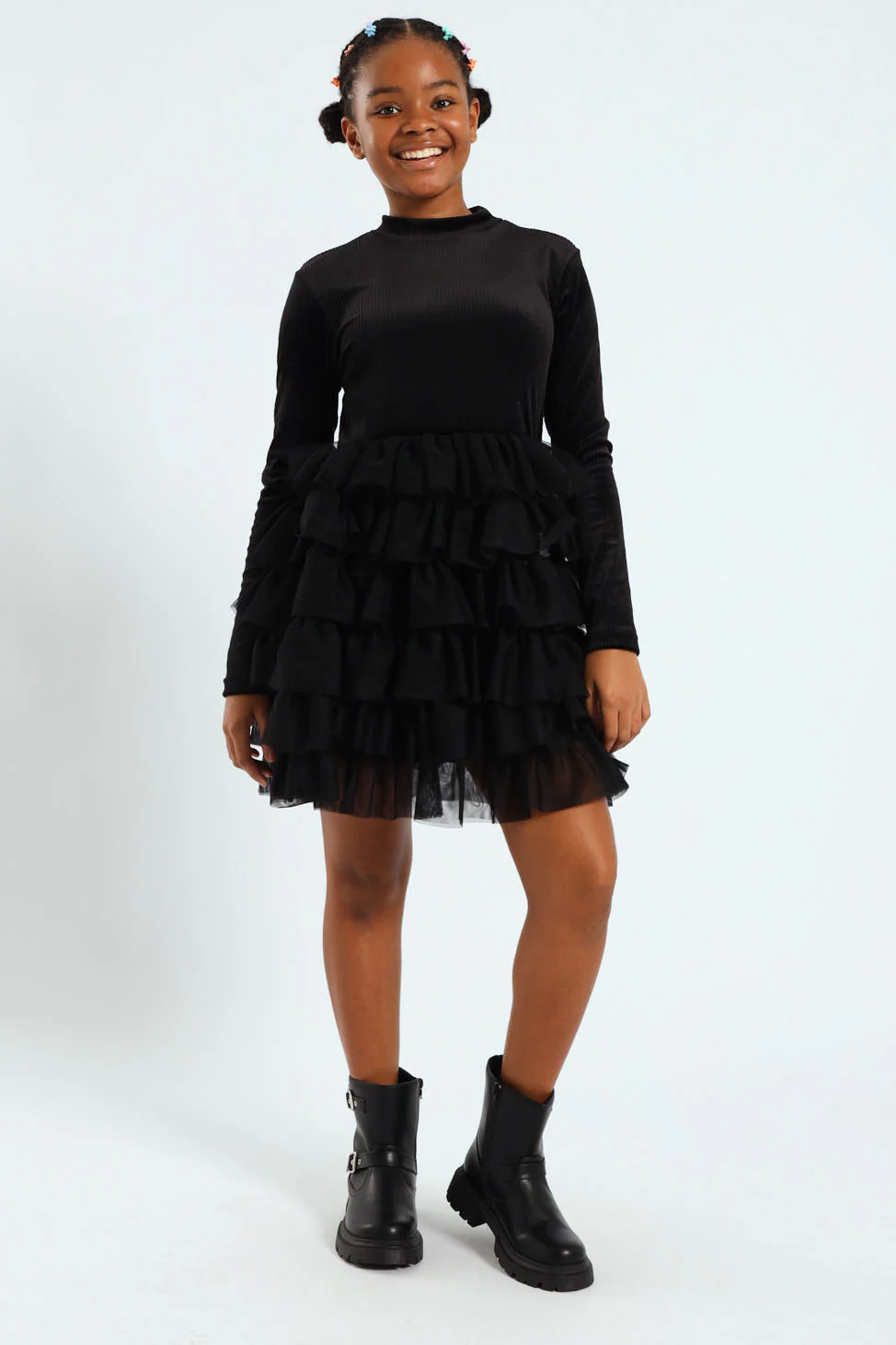 Girls Ribbed Mesh Rara Dress - Black - Image 2