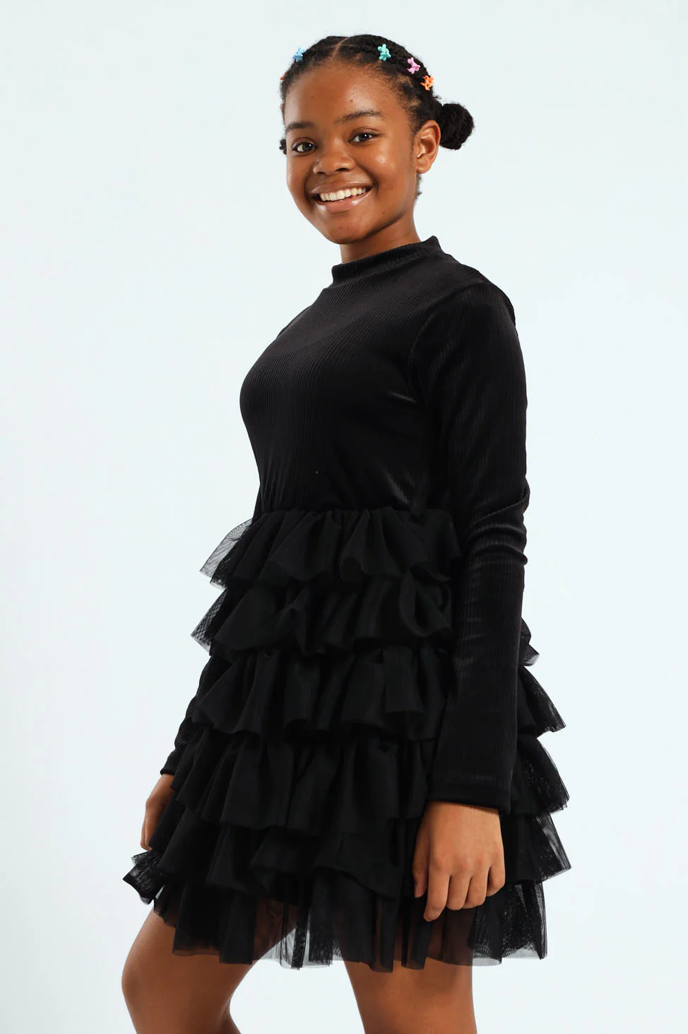 Girls Ribbed Mesh Rara Dress - Black - Image 3