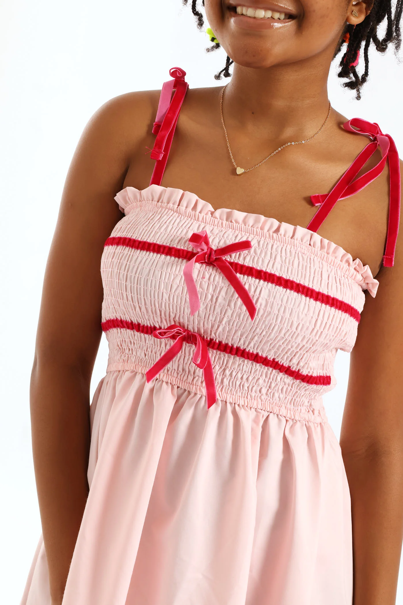 Girls Ribbon Shirred Bodice Midi Dress - Pink - Image 2