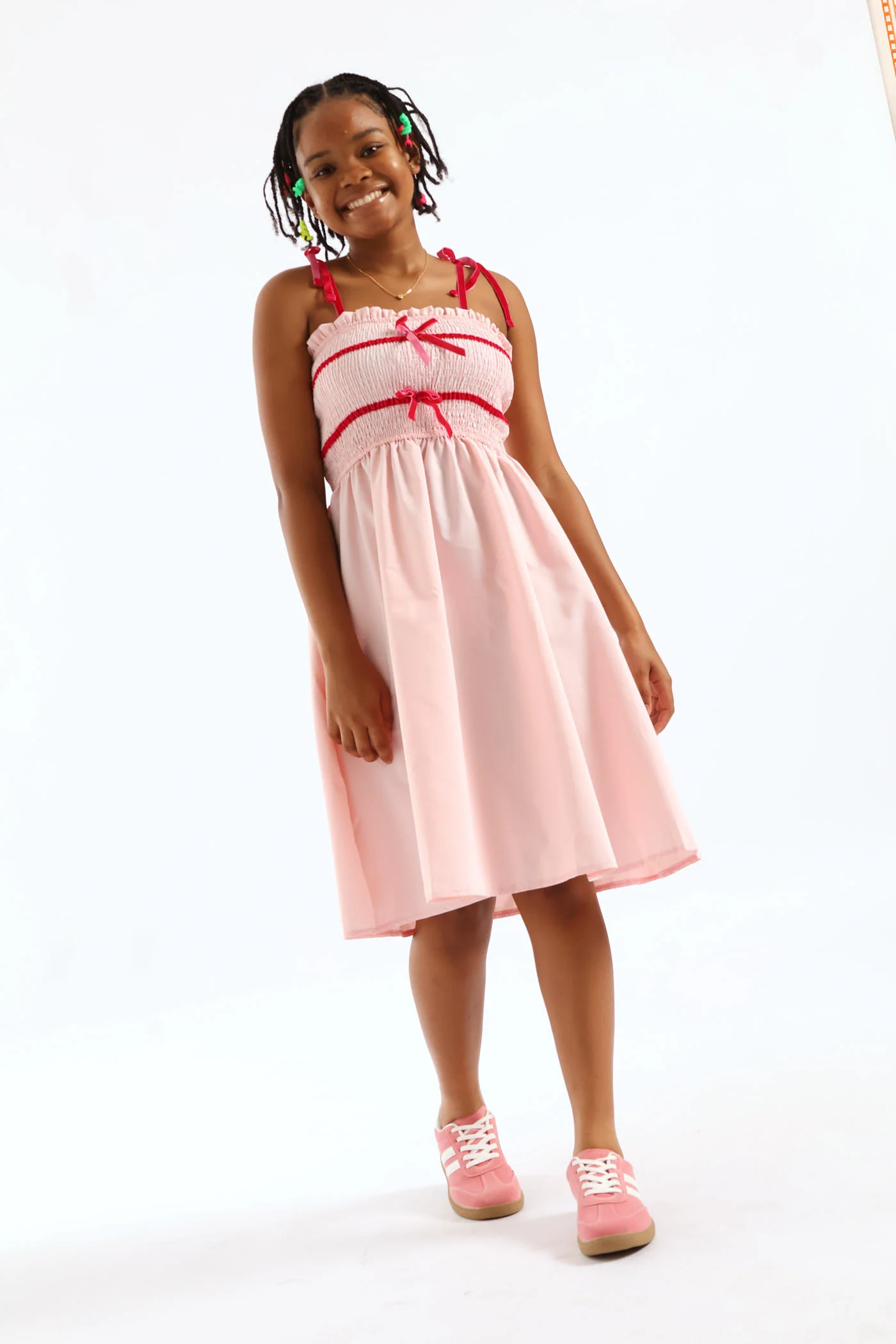 Girls Ribbon Shirred Bodice Midi Dress - Pink - Image 3