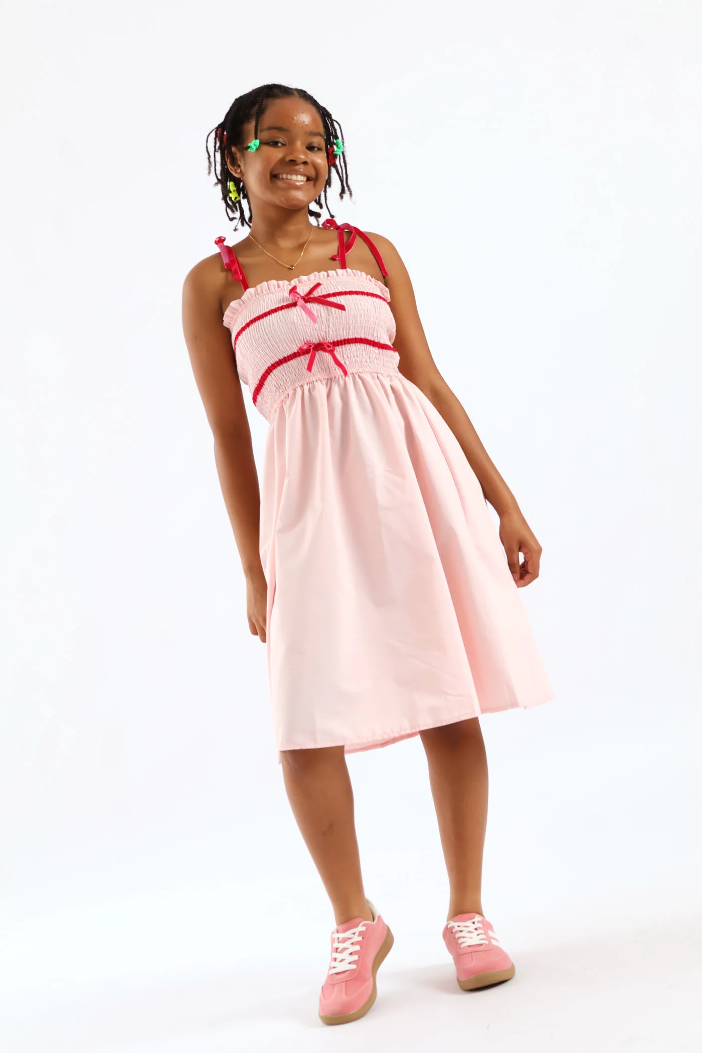 Girls Ribbon Shirred Bodice Midi Dress - Pink - Image 4