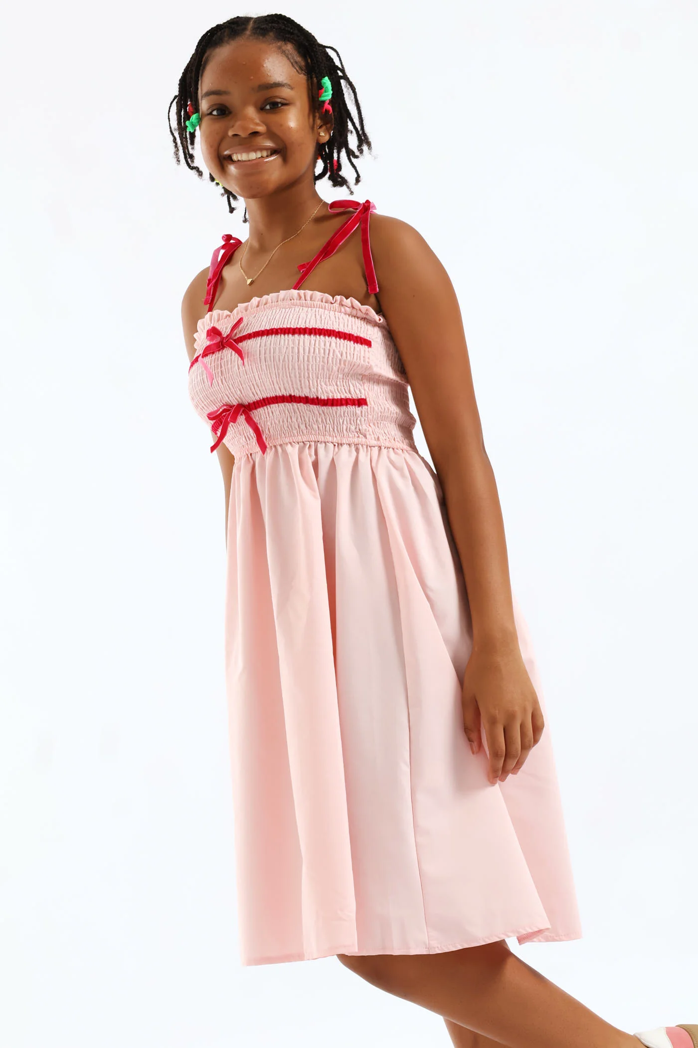 Girls Ribbon Shirred Bodice Midi Dress - Pink - Image 5
