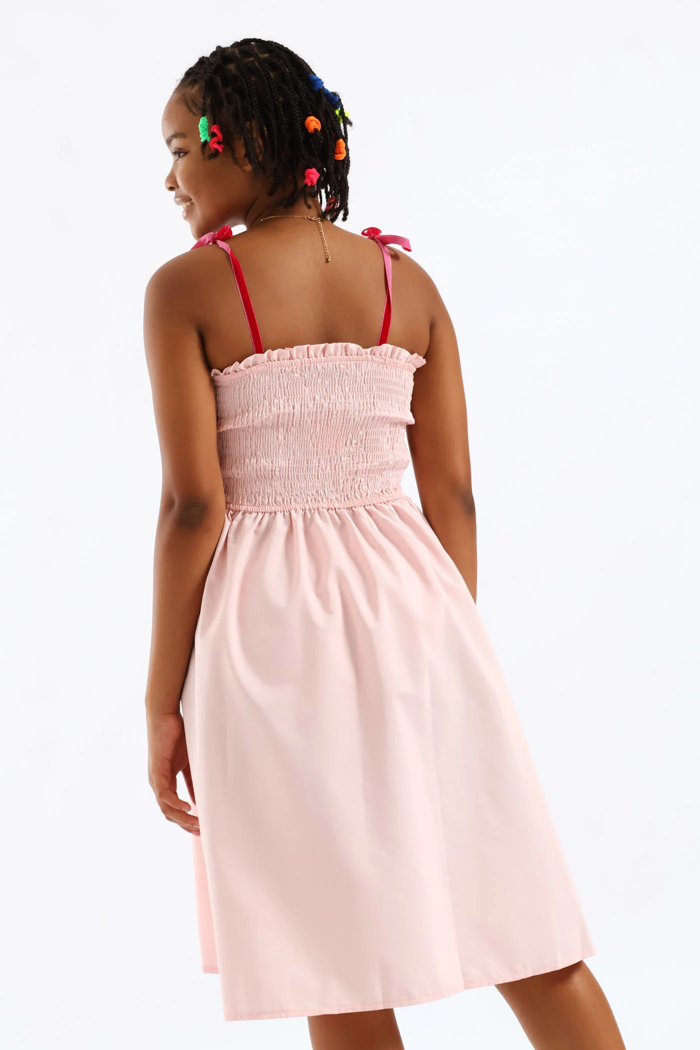 Girls Ribbon Shirred Bodice Midi Dress - Pink - Image 6
