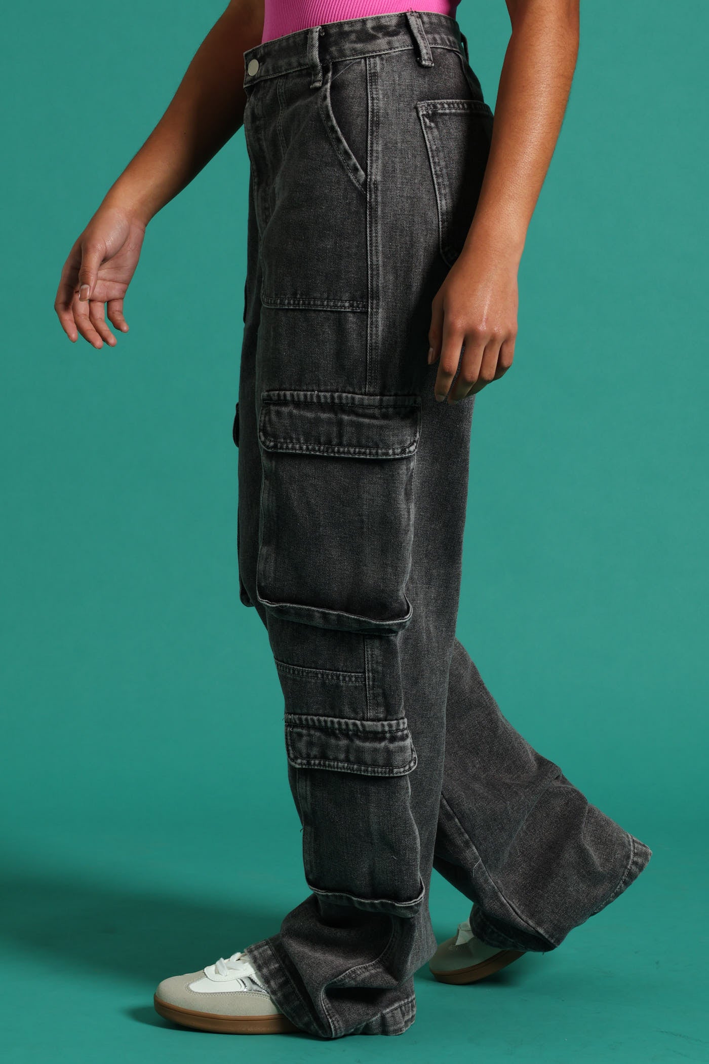 Girls Ridgid Cargo Wide Leg Denim - Charcoal - Image 2