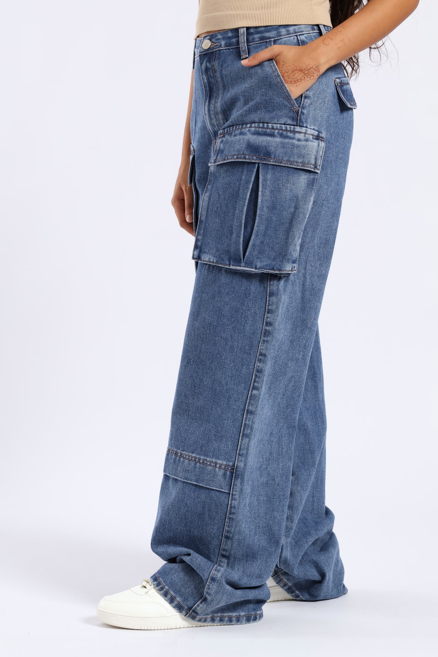 Girls Rigid Pleat Cargo Denim - Blue - Image 2