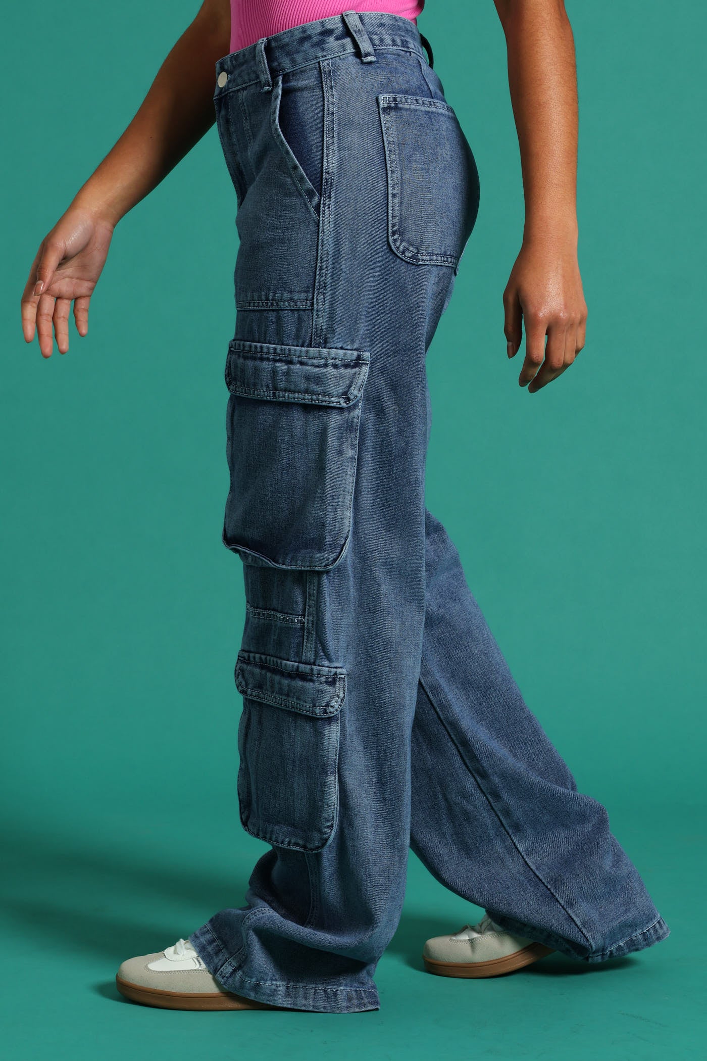 Girls Rigid Cargo Wide Leg Denim - Dark Blue - Image 3