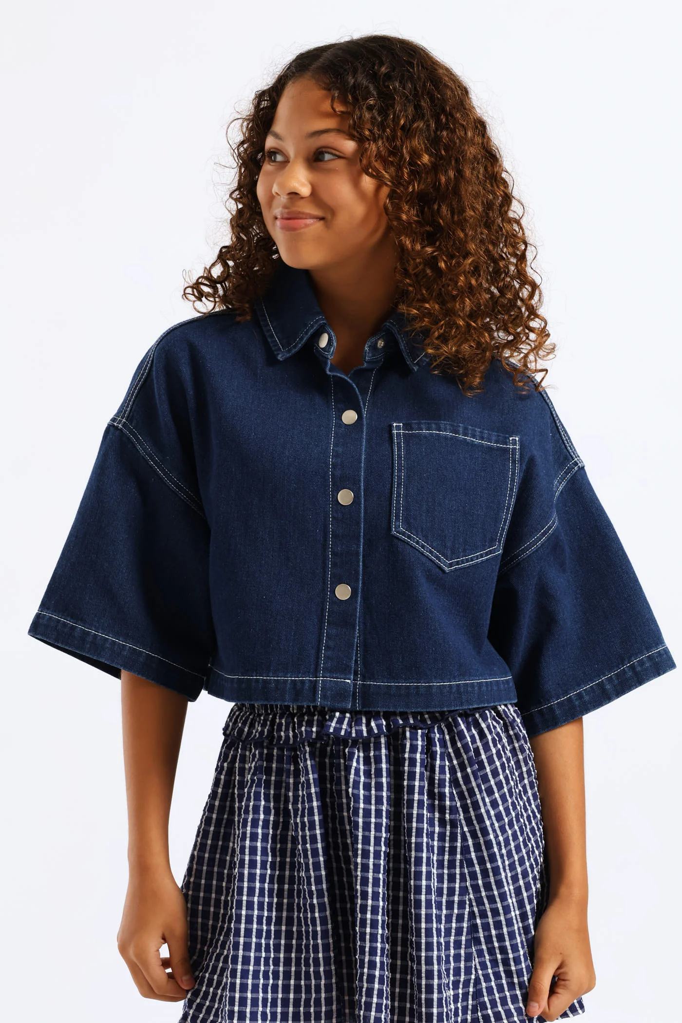 Girls Rigid Denim Crop Shacket - Blue - Image 2