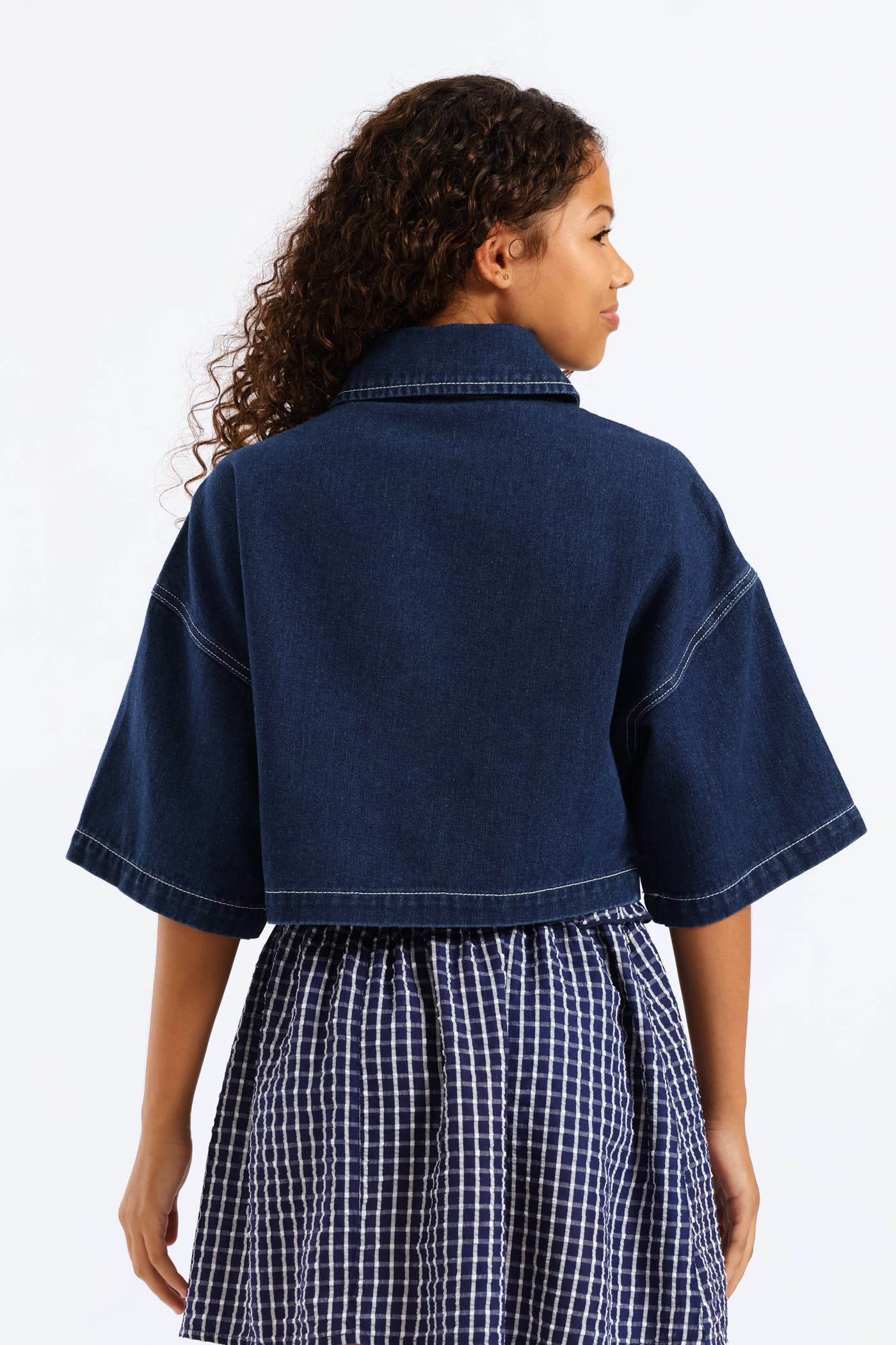 Girls Rigid Denim Crop Shacket - Blue - Image 4